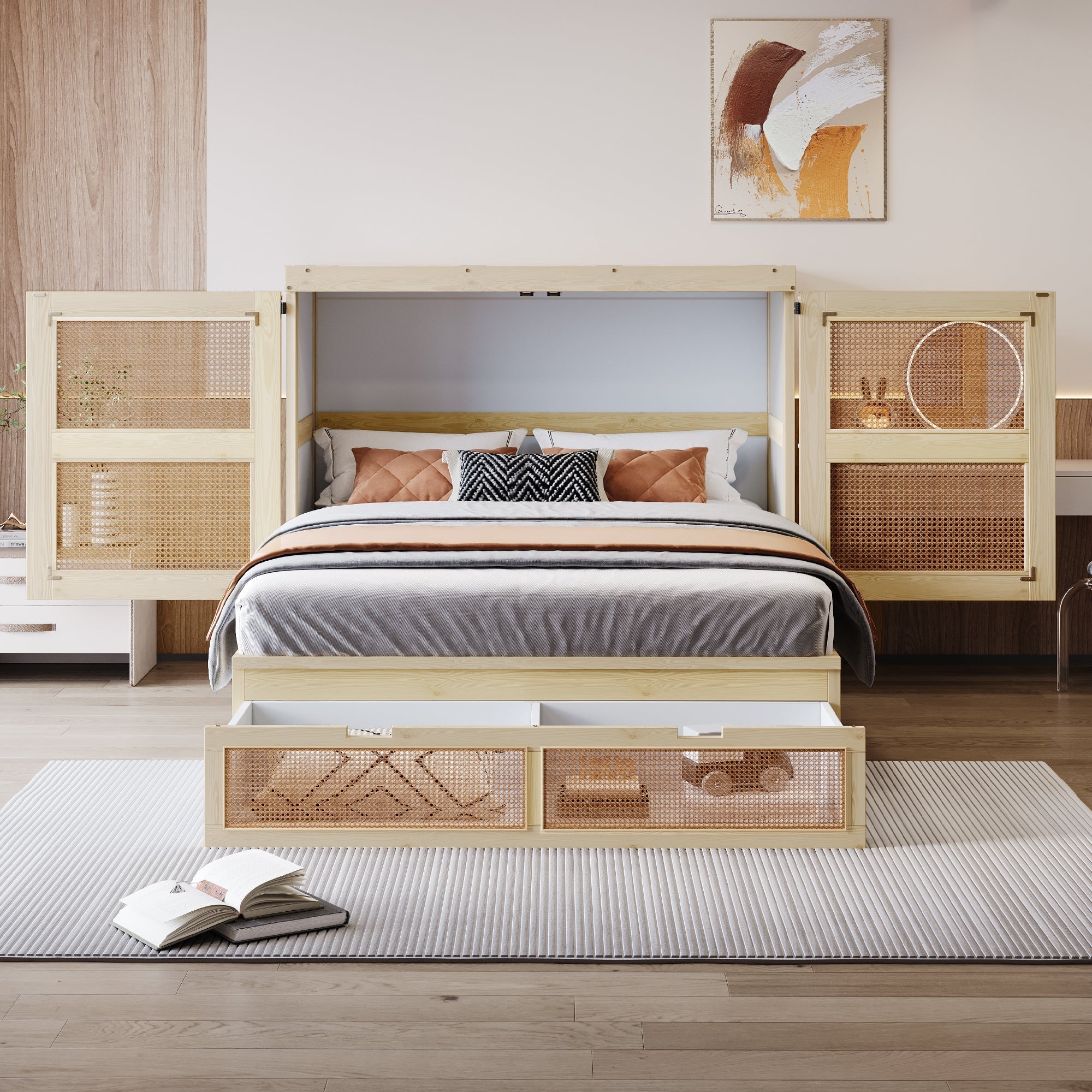 Vertical Wall Bed with Slatted Base and Storage Drawers, 140 x 200 cm, Wood Color