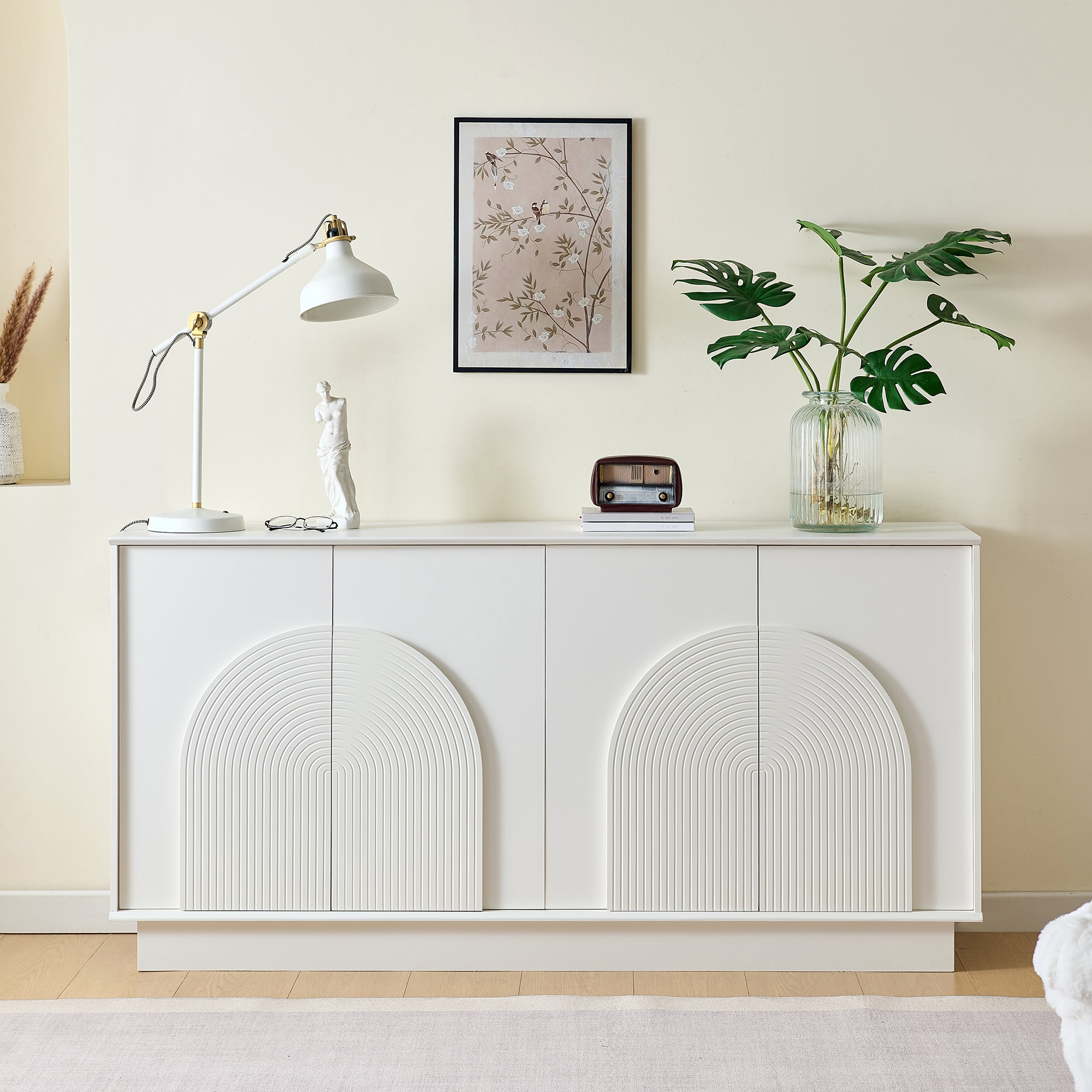 Modern Sideboard with Curved Doors, 4-Door Storage Cabinet for Living Room & Dining Room, White MDF with Matte Finish