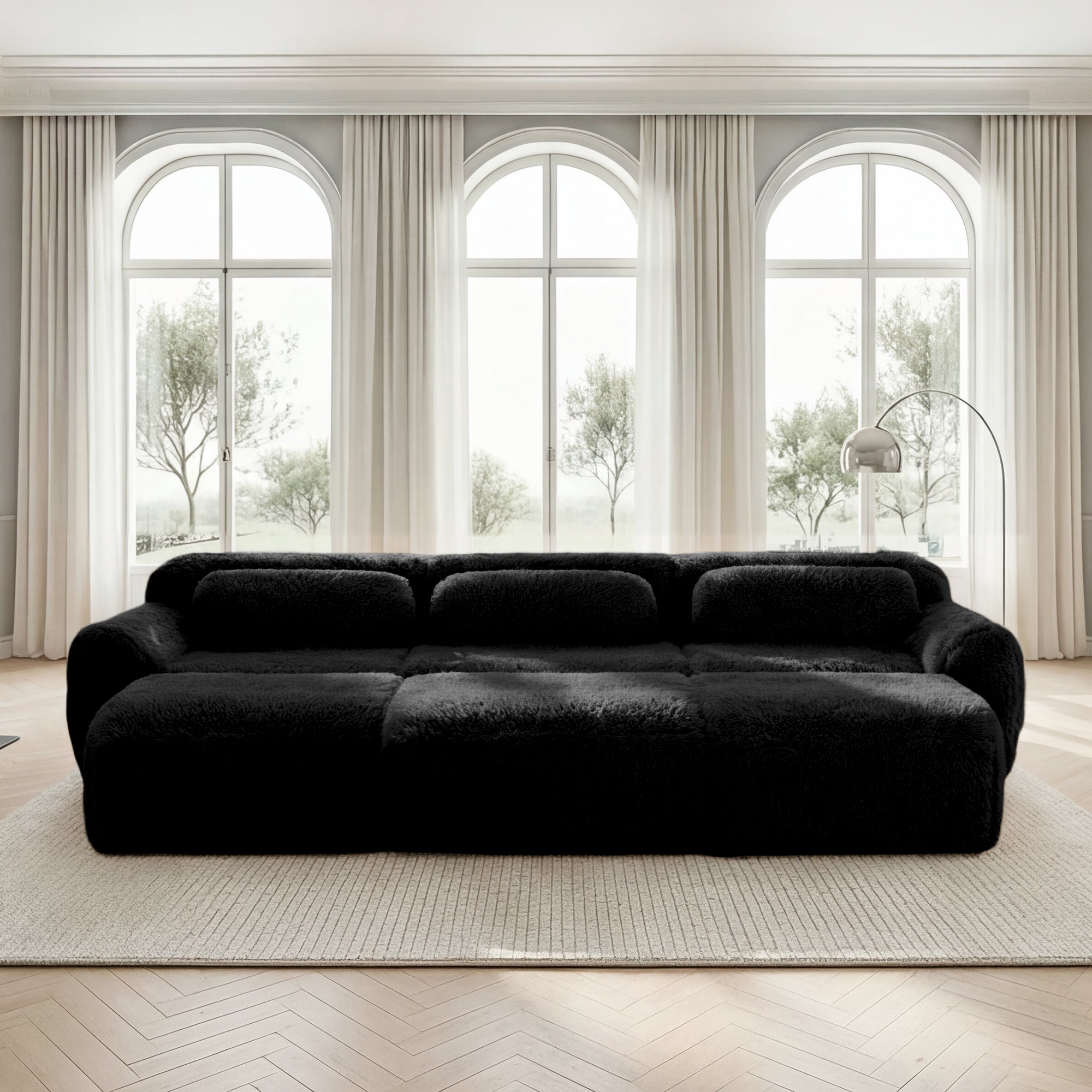 Boneless Cloud Sofas Modular 3-Seater Sleeper Sofa with 3 Ottomans Black Soft Plush Fabric