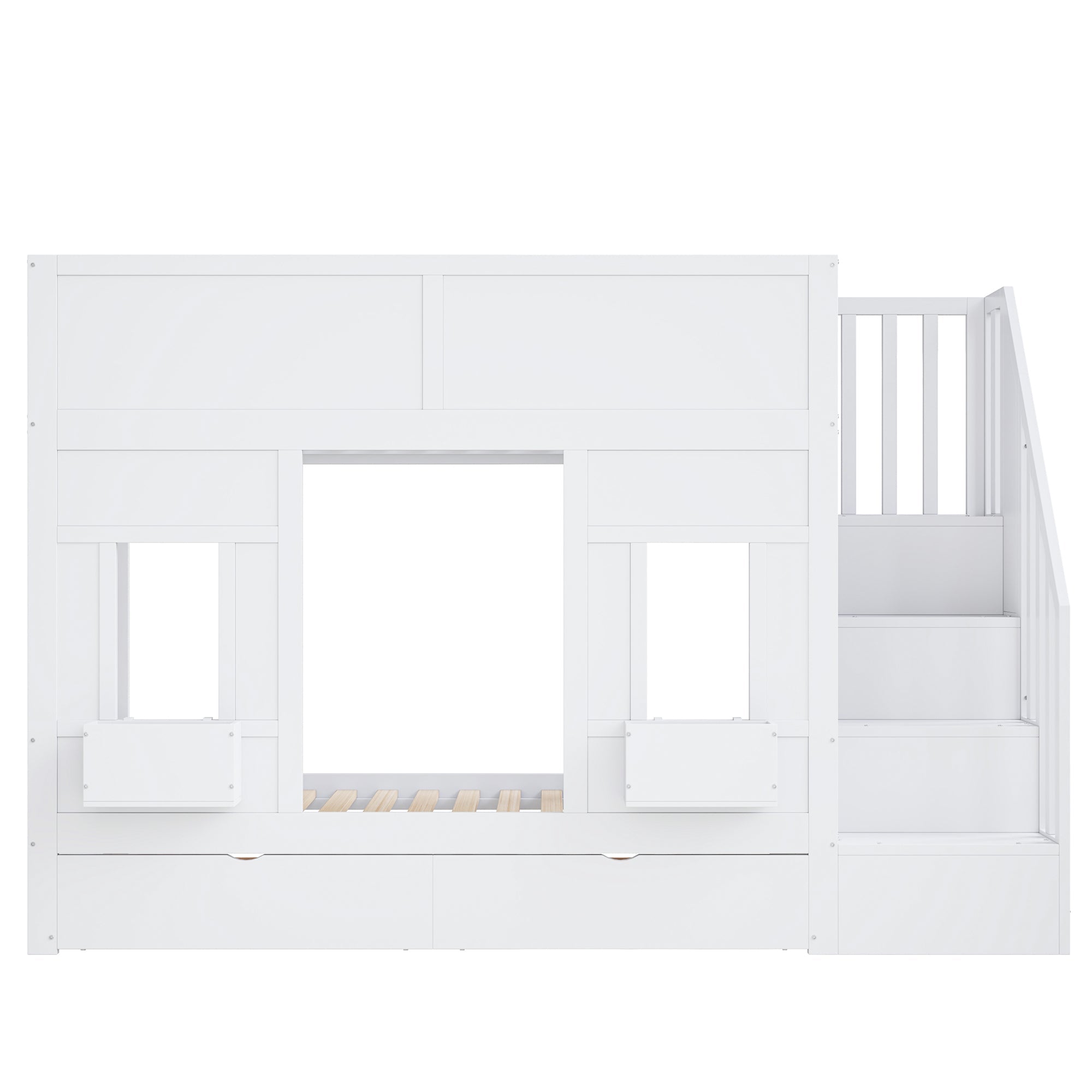 Bunk Bed with Storage Stairs, Drawers and Windows, 90x200cm, Wood
