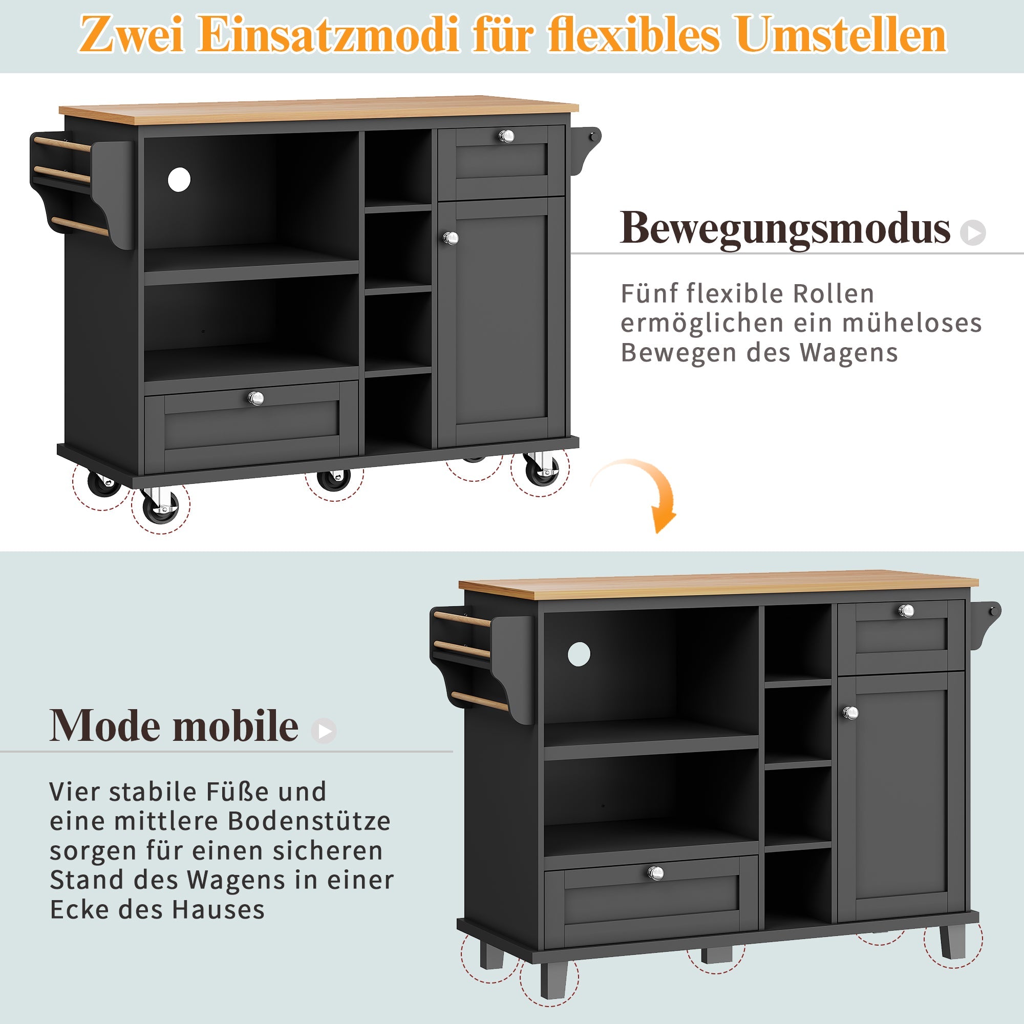 Dining Trolley Mobile Kitchen Storage Cabinet with Drawers, Black/Light Brown Wood