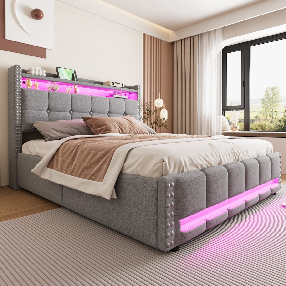 Upholstered Bed 160x200cm LED USB Hydraulic Storage Light Grey Linen Fabric