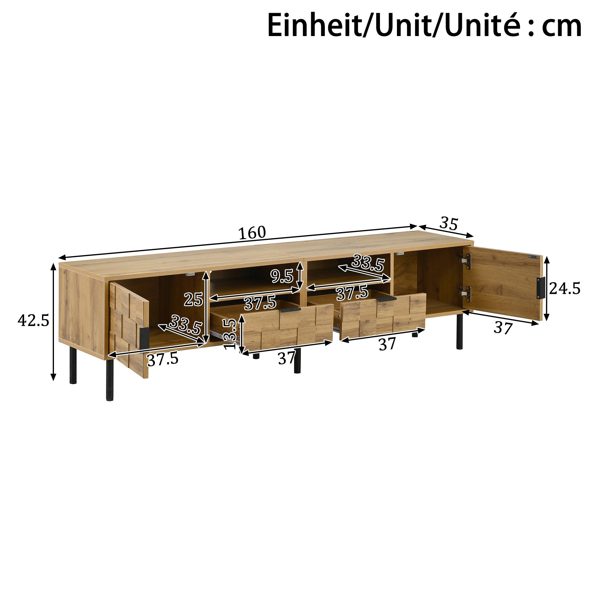 Mosaic TV Cabinet with 2 Doors, 2 Drawers and 2 Open Shelves, Wood Look Chipboard and Metal