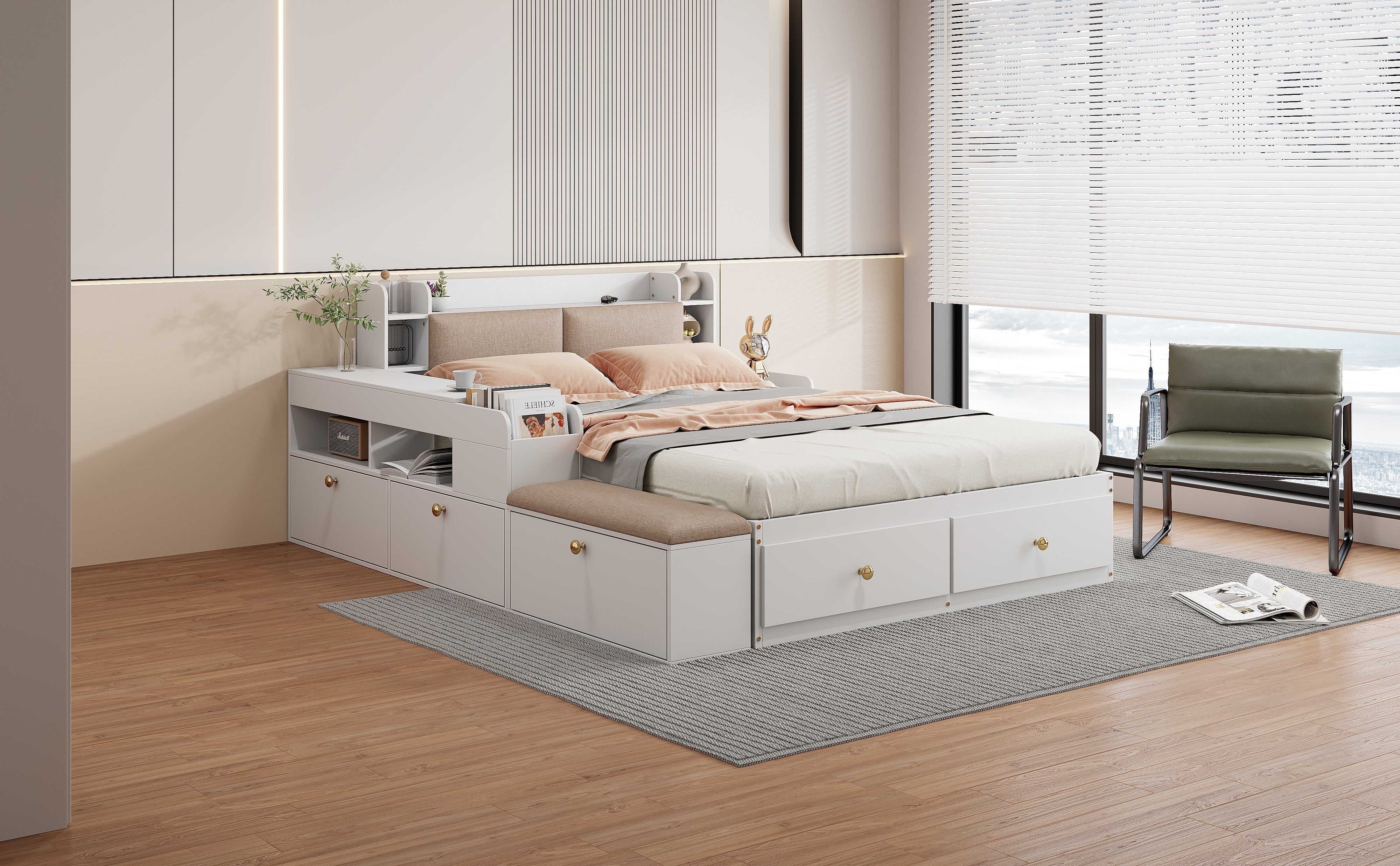Combo Bed 140*200cm, Storage Headboard with Drawers & Sofa Bench, Solid Wood White