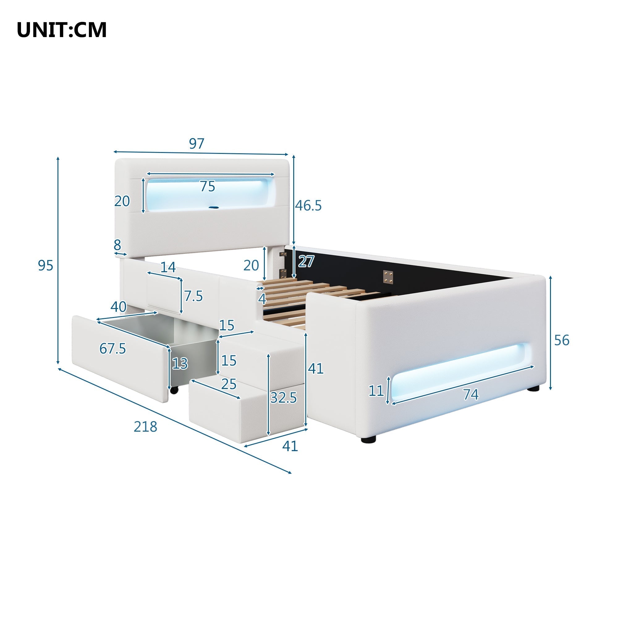 Upholstered Platform Bed 90x200cm Stairs Drawers LED USB Storage Pockets - White