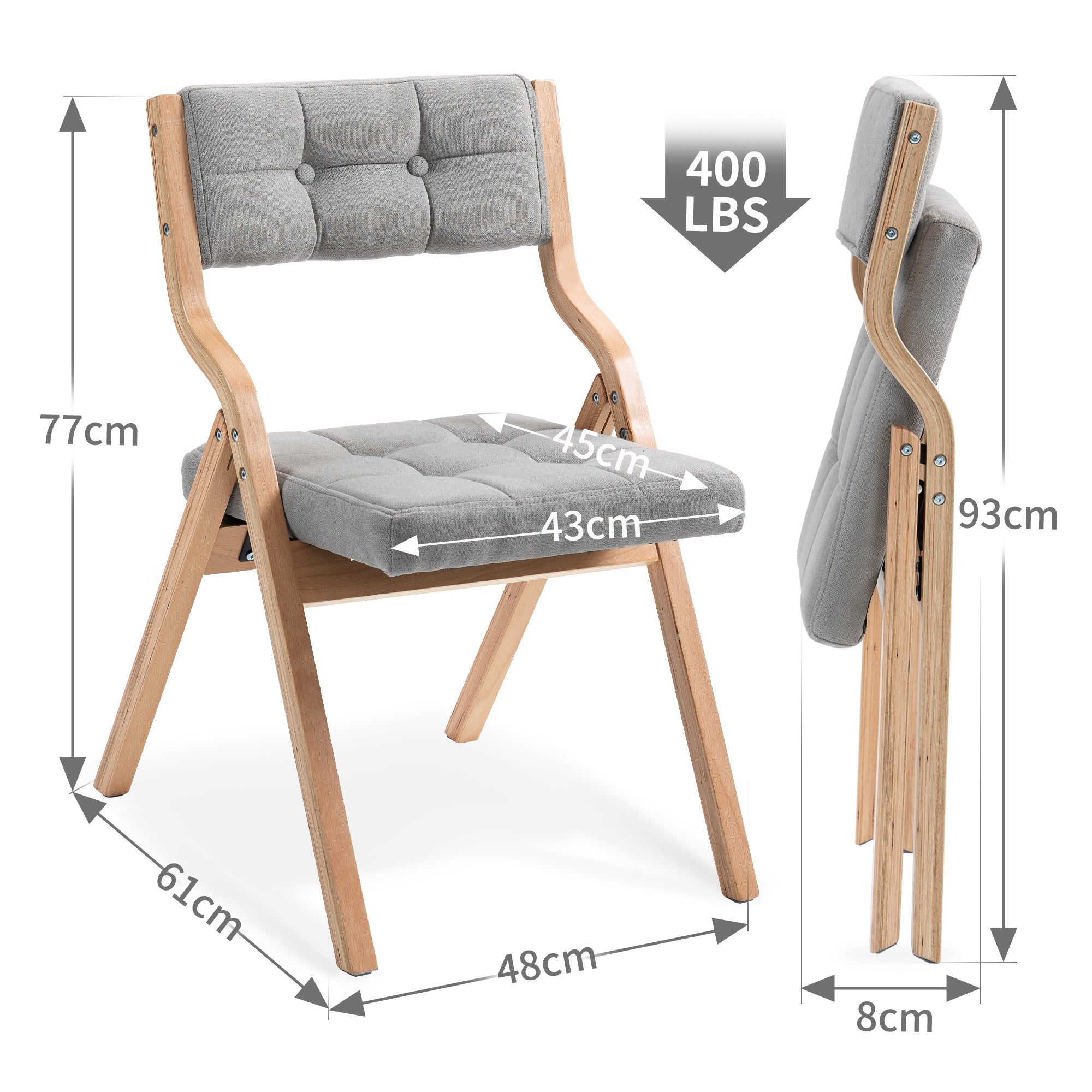 HOMEFUN Folding Chairs Padded Wooden 2 Pack - Gray