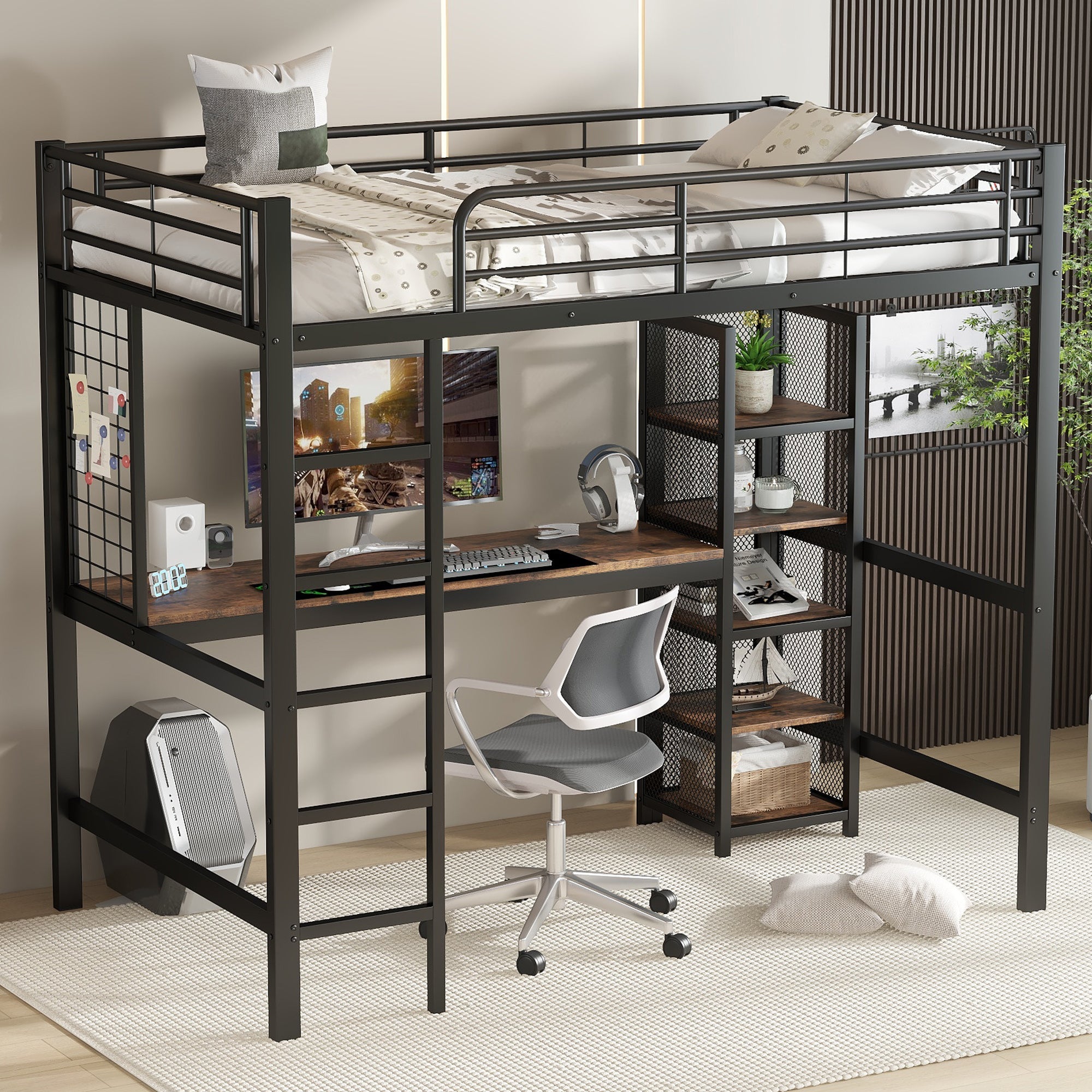 Loft Bed 90x200cm with Table and Shelving Unit, Iron/MDF Black/Dark Wood