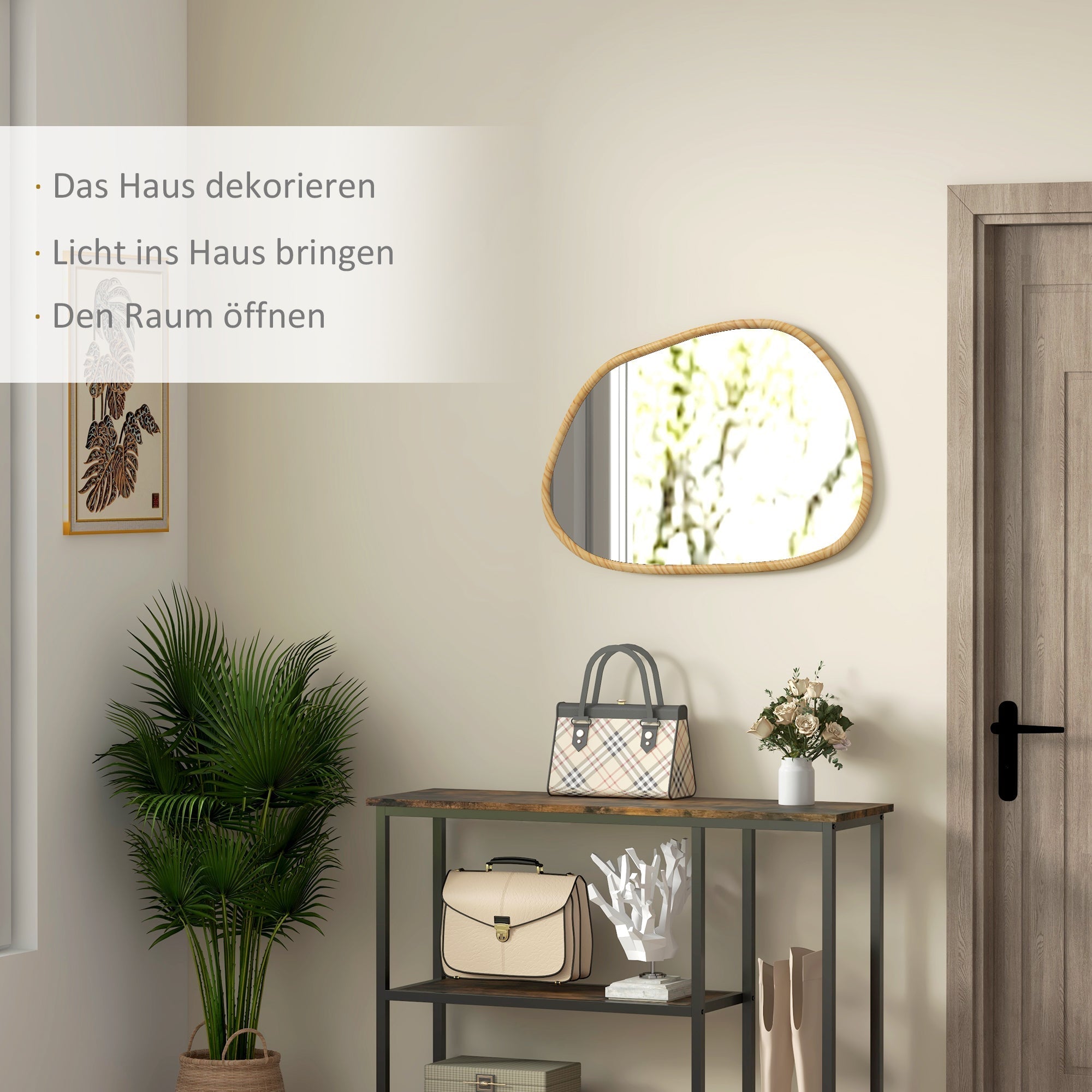 Asymmetrical Wall Mirror 70x50cm Antioxidant Wooden Frame, Natural