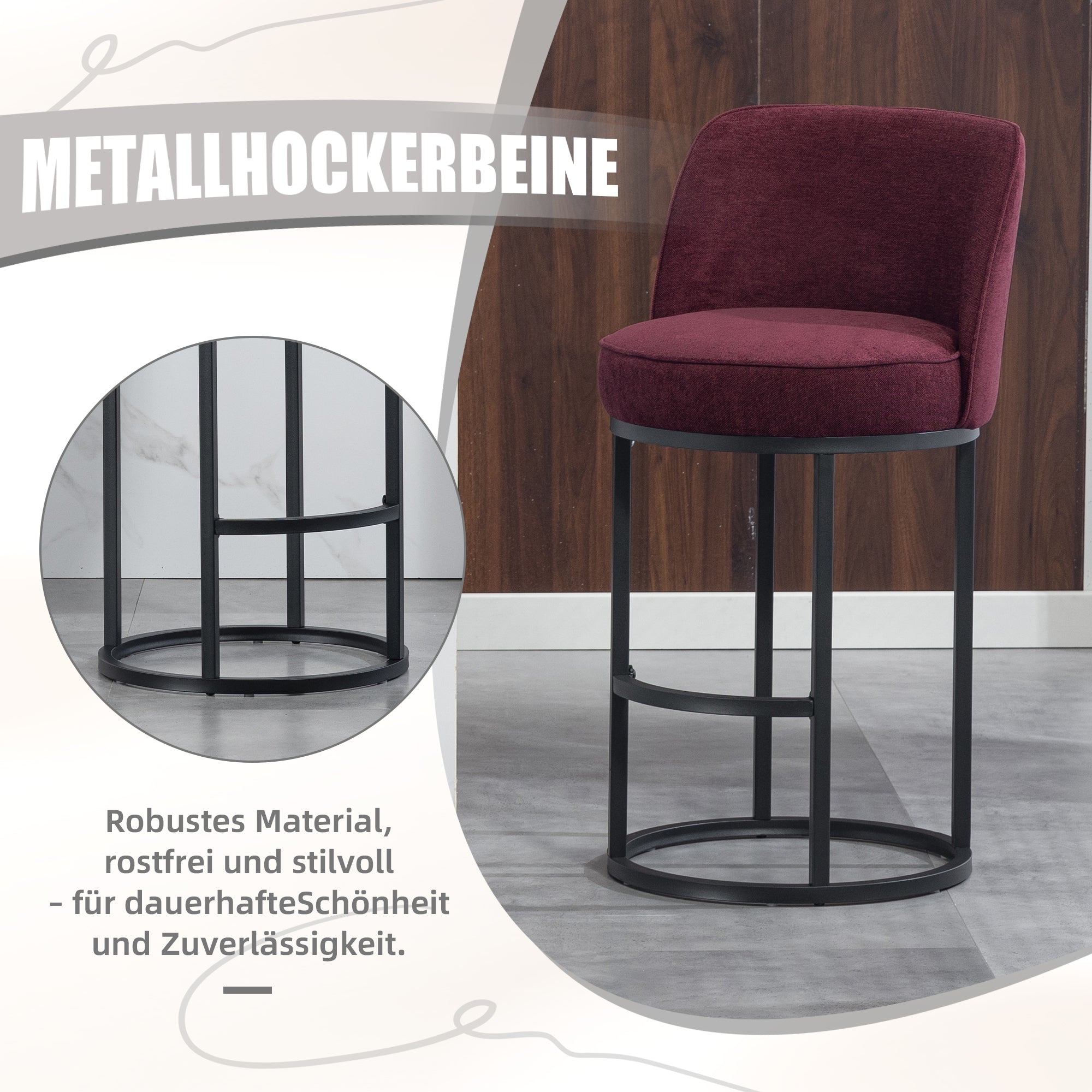 Bar Stools Duo Set with Ergonomic Backrest and Metal Legs, Linen Upholstery