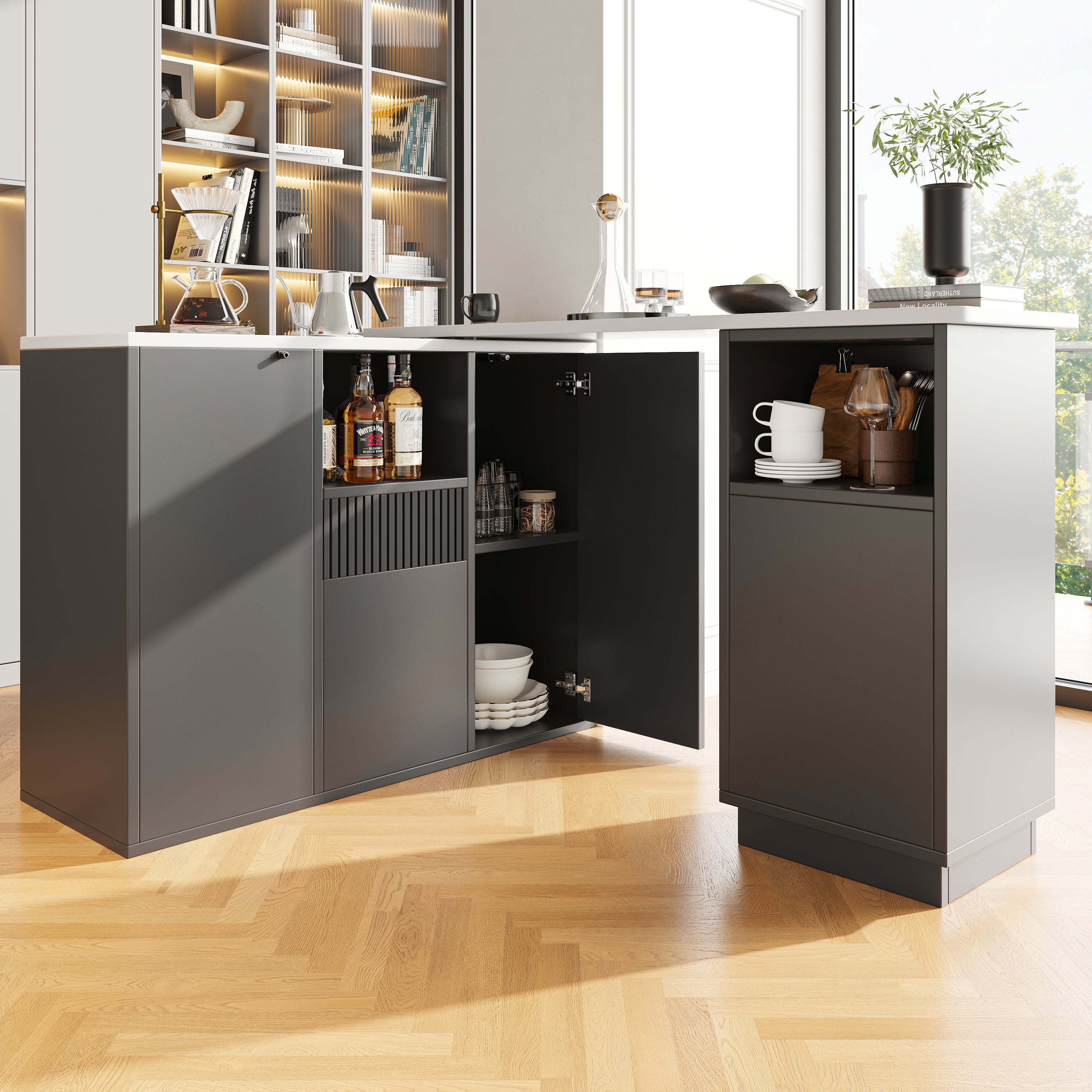 Bar Table 360° Rotating, Open Storage, Multifunctional Island, Black/Marble