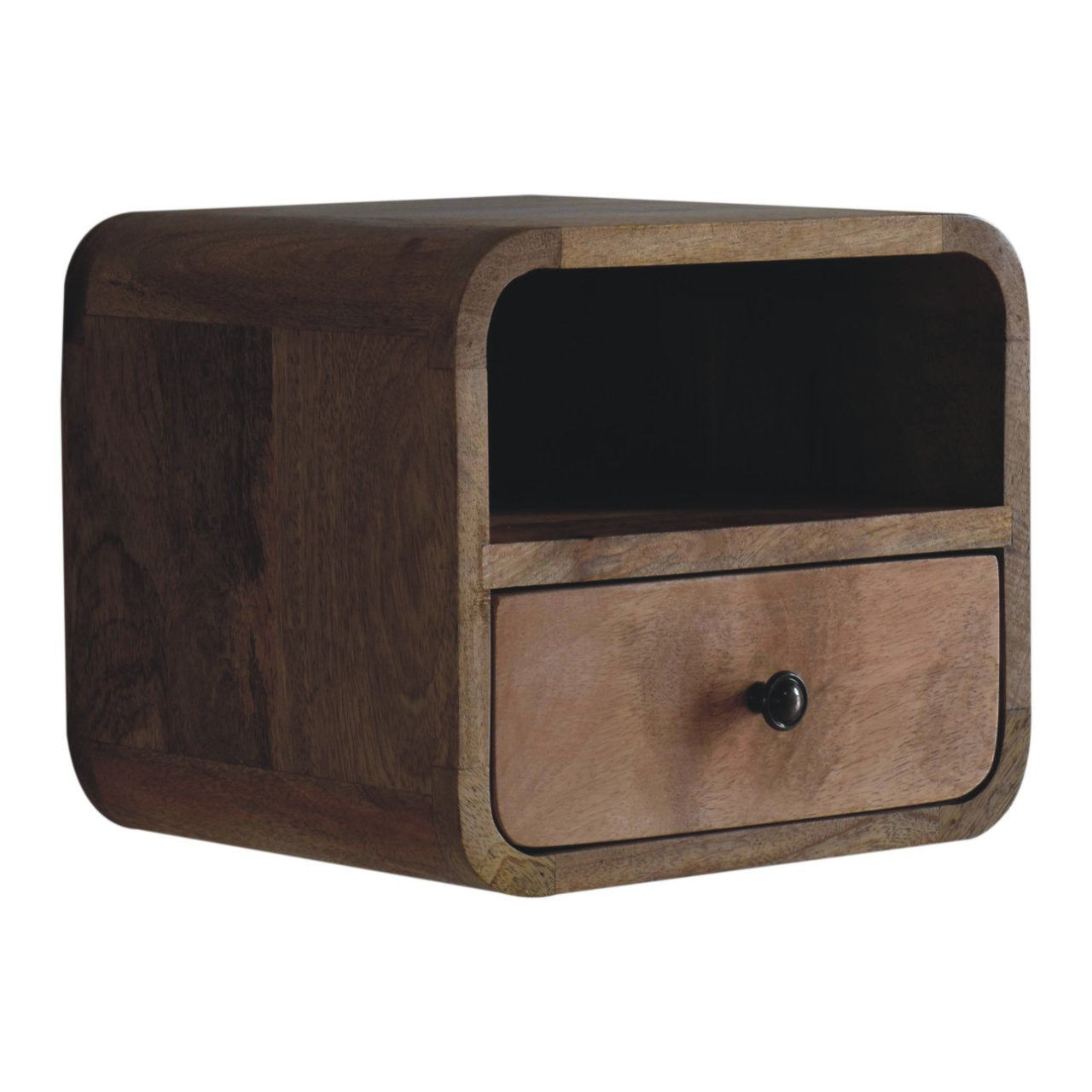 Solid Wood Bedside, Wall Mounted Curved Extra Mini with Open Slot, 1 Drawer, Brown