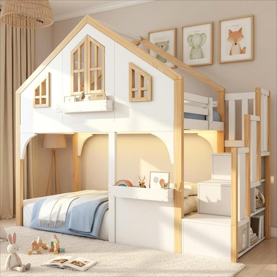 Bunk Bed House 90x200cm Wooden with LED Storage Stairs White + Natural