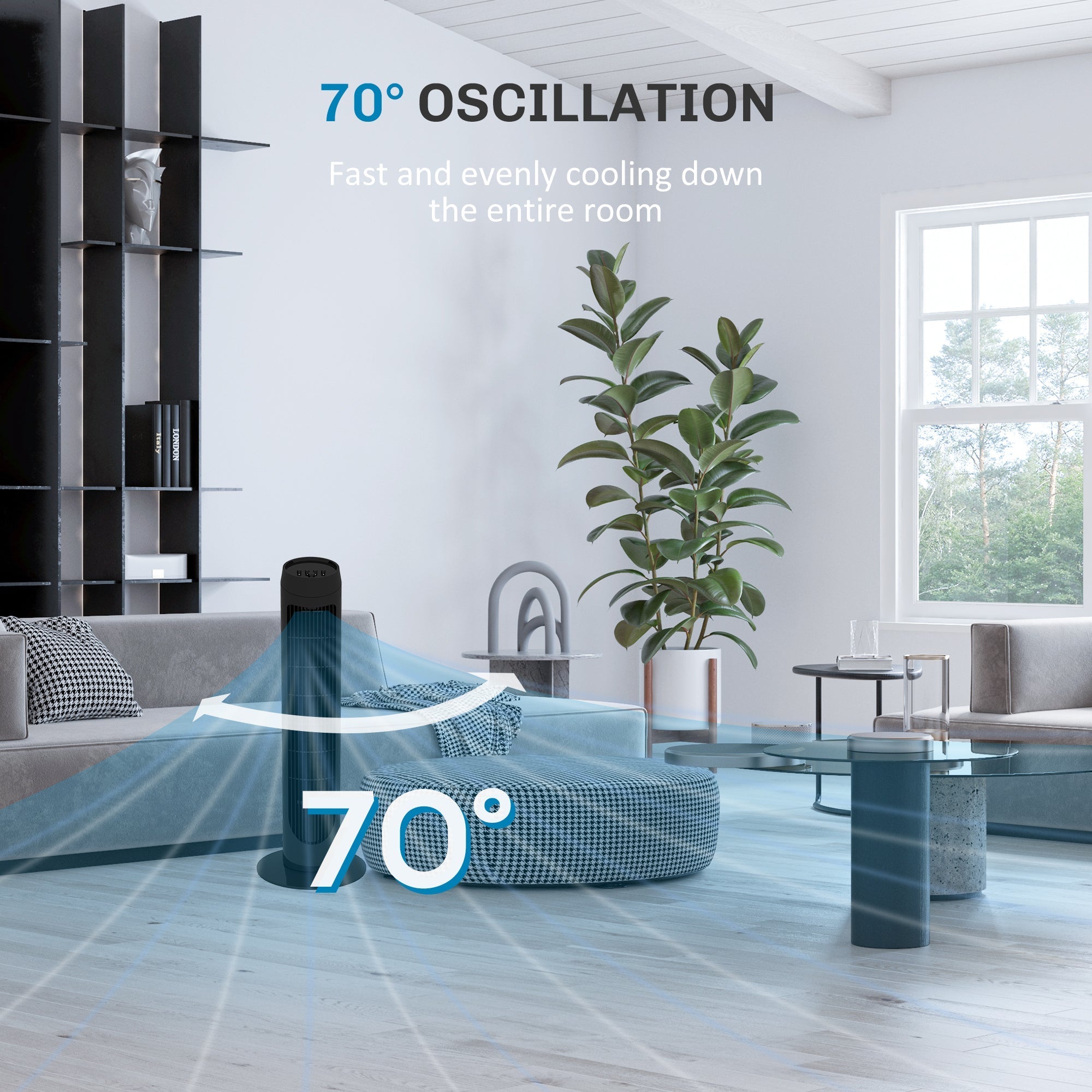 Tower Fan, 45W Quiet 3-Speed 70° Oscillation, ABS Black