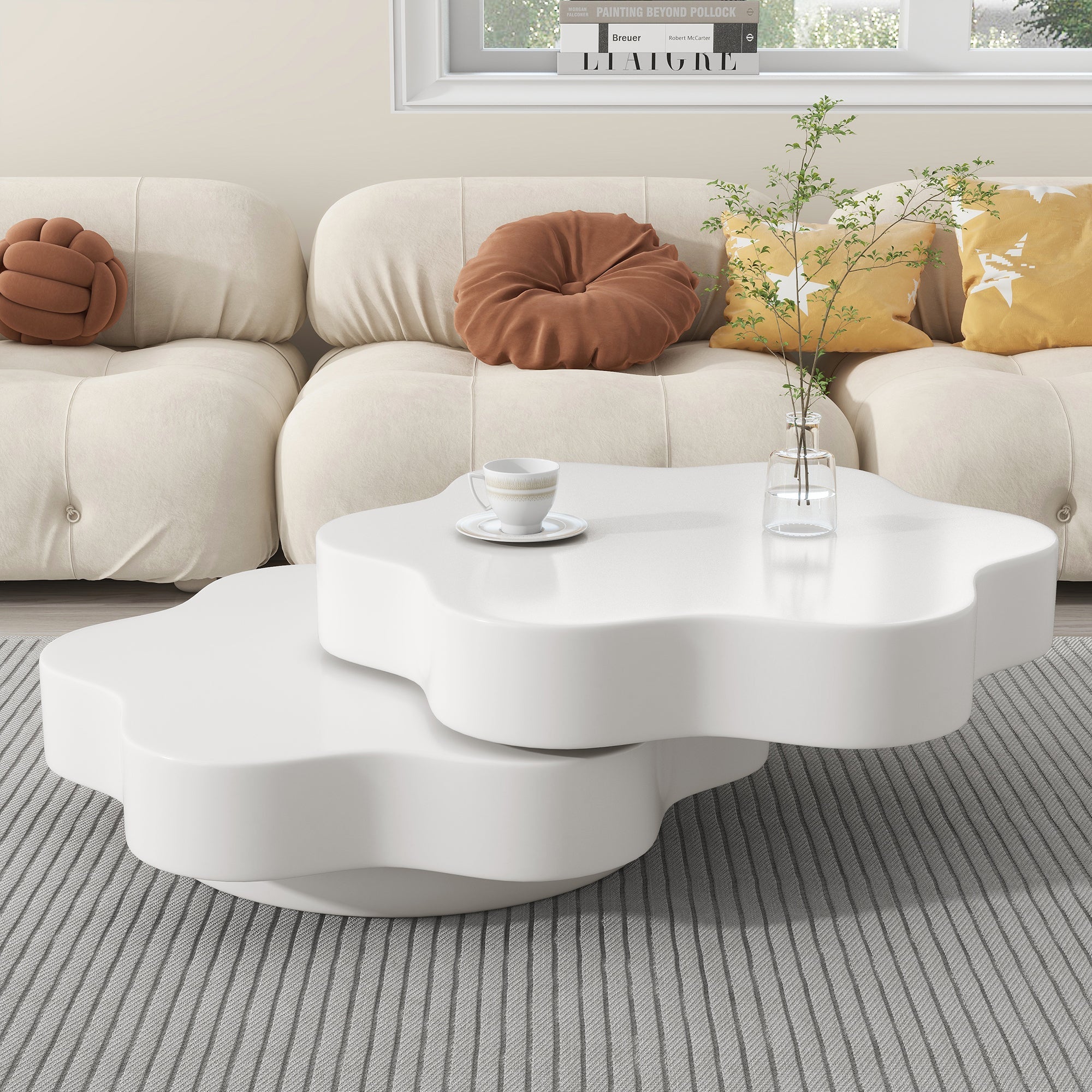 Flower Coffee Table 360° Rotating Double-Layered Storage MDF Cream White