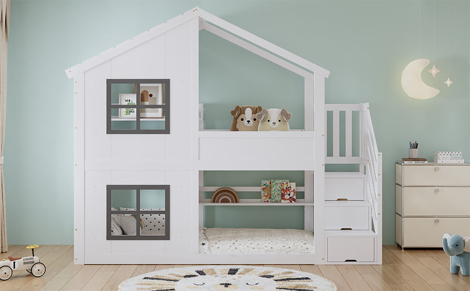 Children's Bunk Bed with Windows, Roof and Storage Cabinet, White and Grey