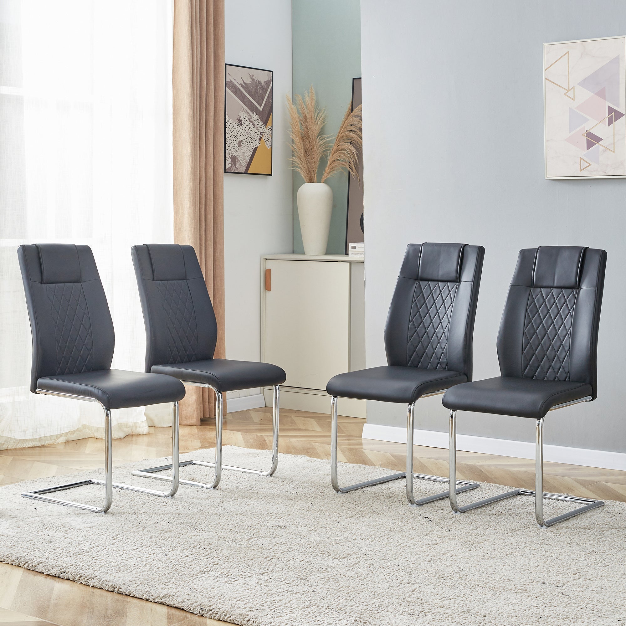 Dining Chair Set of 4 Nordic Style Mesh Stitching Silver Metal Legs Black PU