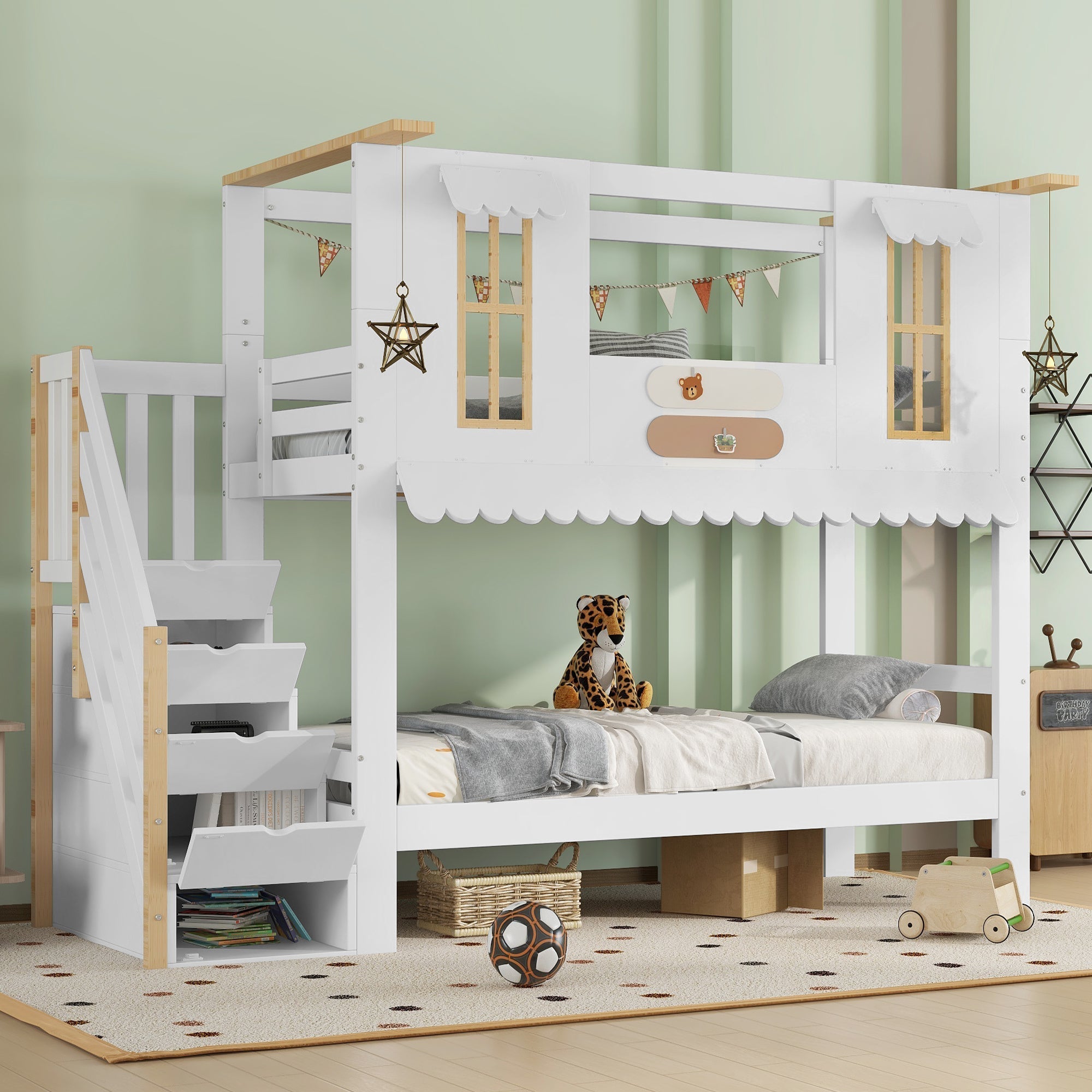 Bunk bed, children's bed with storage stairs, exquisite windows, wavy roof edge, white + natural