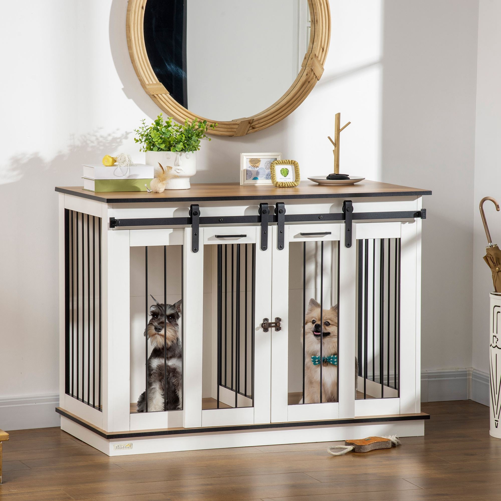 Dog Cage, 2 Room Option, Double Doors, White