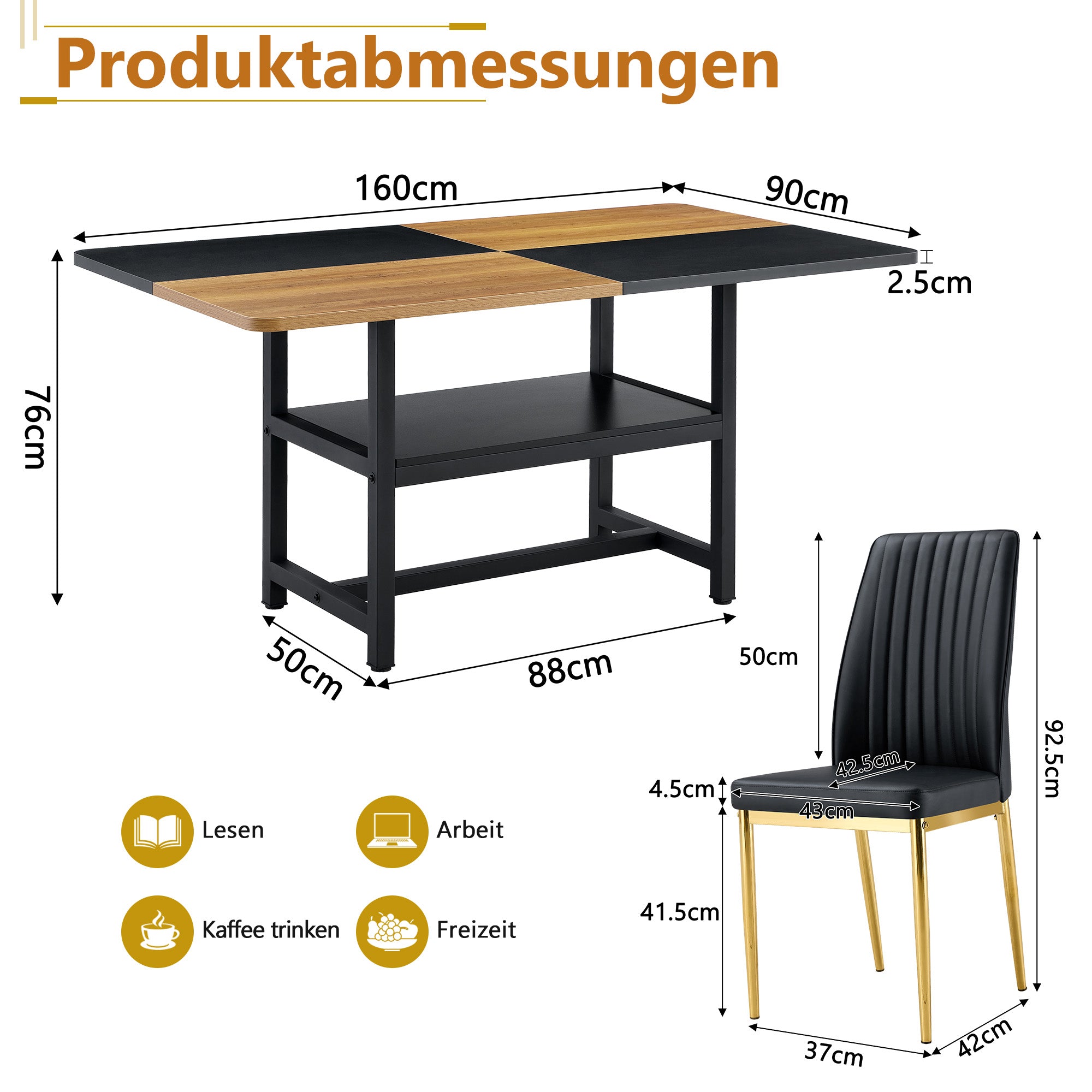 Dining Table Set Modern Minimalist Round Glass Table 4 Chairs - Faux Leather Black
