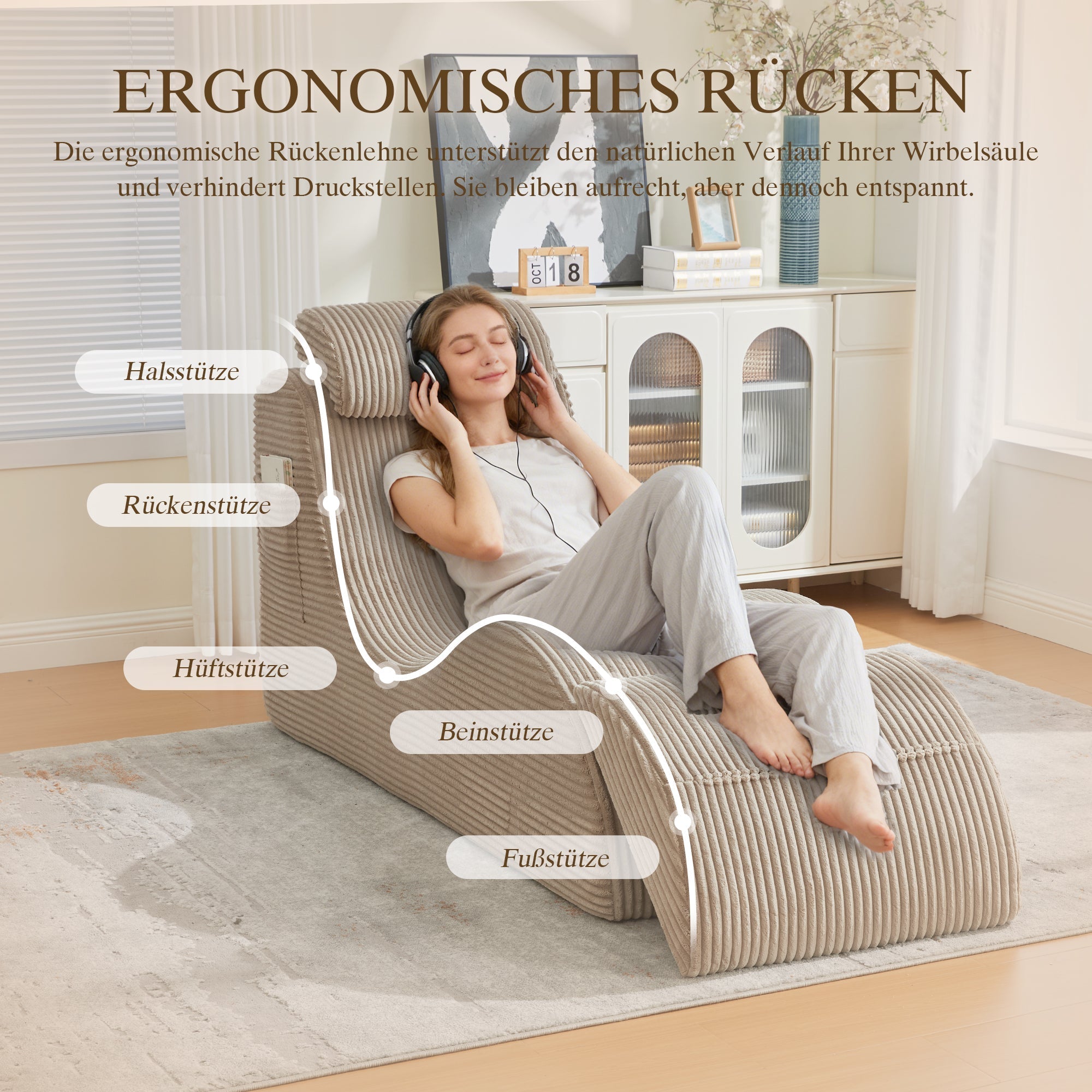 Modern Leisure Chair with Ergonomic Design and Side Pocket, Khaki Corduroy