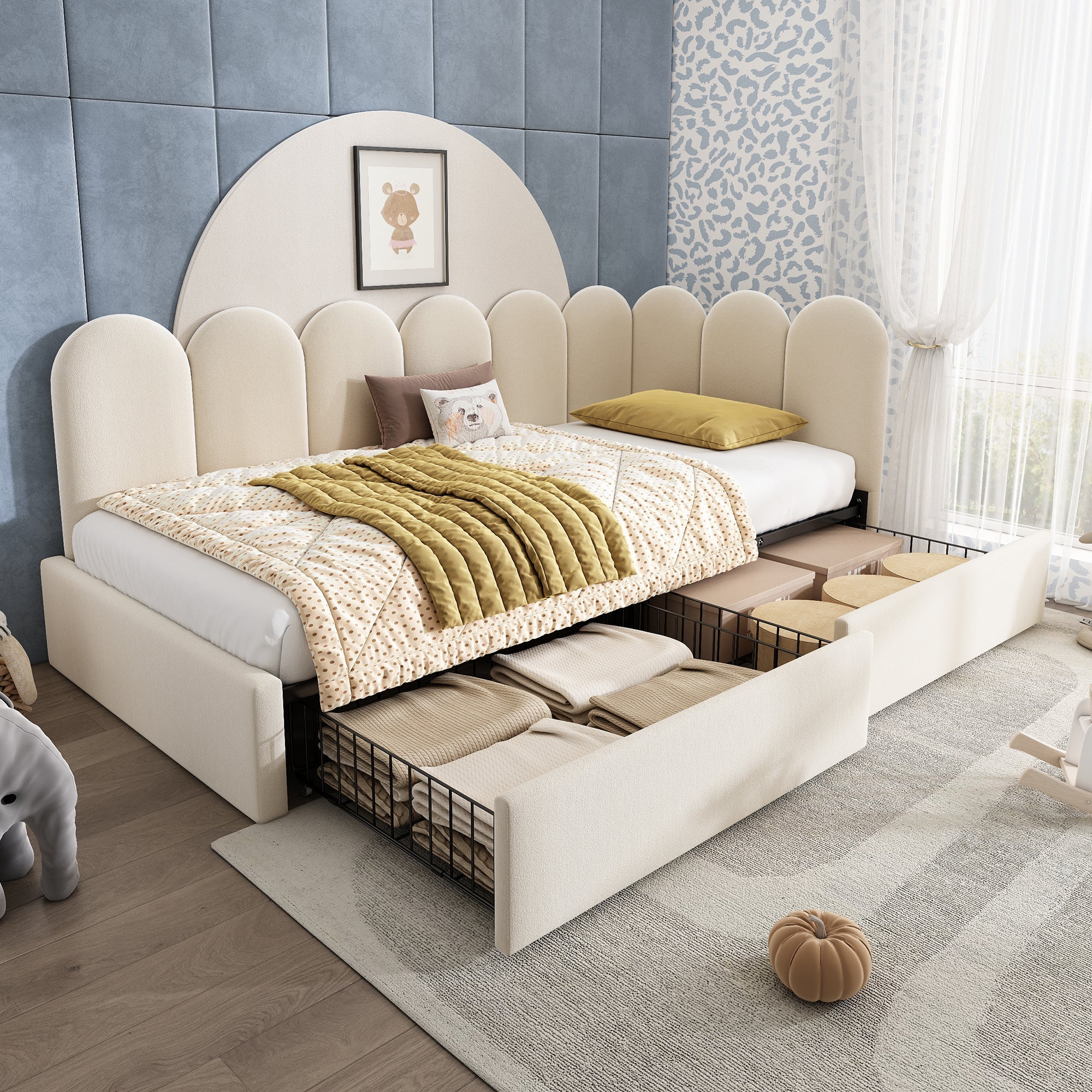 Upholstered Daybed with Drawers and Slatted Frame, 90x200cm, Beige Velvet