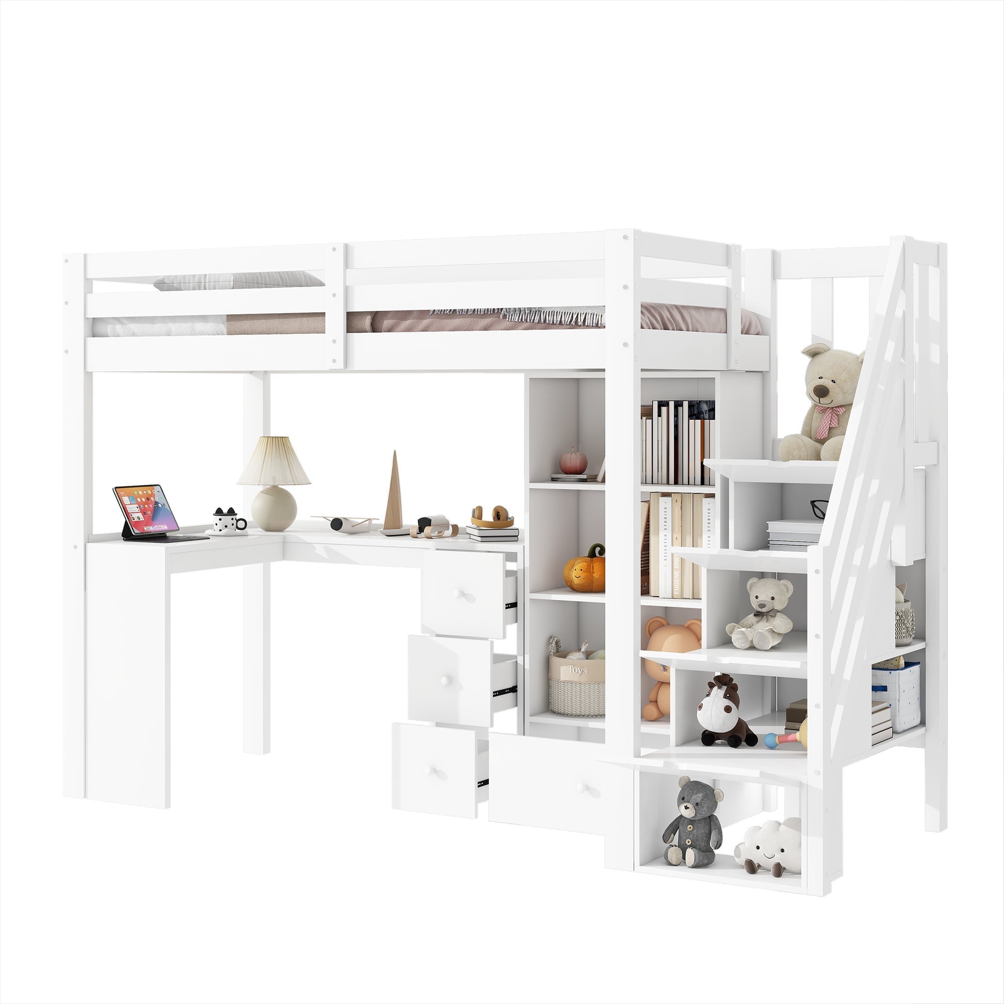 Loft Bed 90x200cm Desk Drawers Storage Stowable Ladder EN 747 Certified White