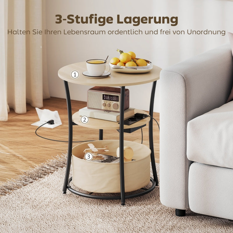 Side Table 3-Tier Charging Station Storage Bag Shelf - Natural Wood