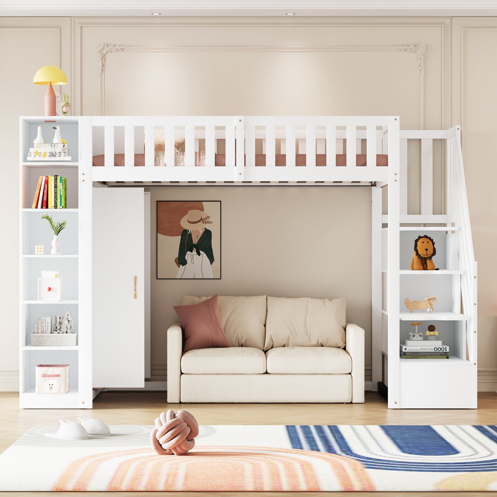 Loft Bed with Storage Stairs, Shelves and Wardrobe, Solid Wood White and Wood Color