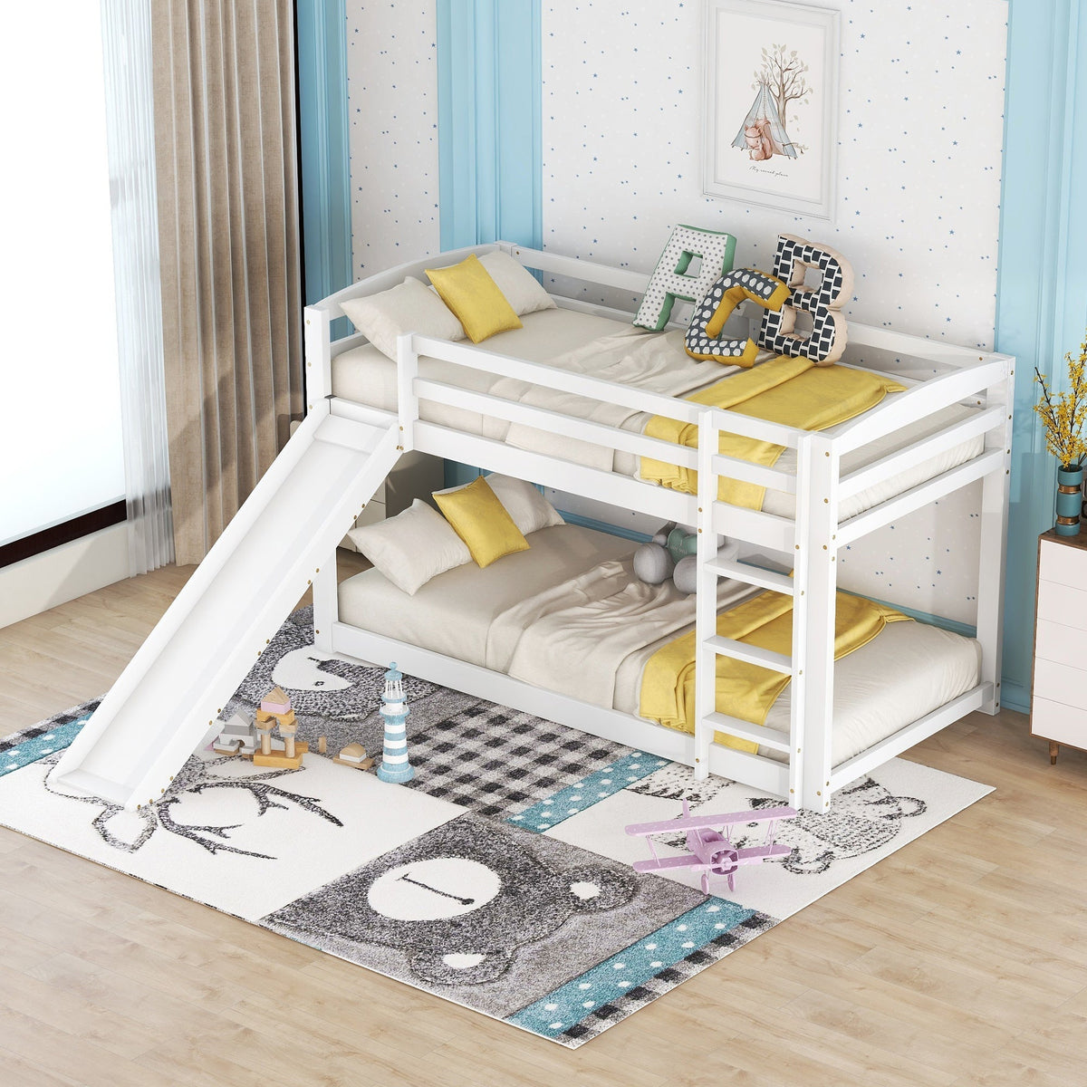 Bunk Bed 90x200cm with Slide, Solid Wood Frame for Kids & Teens, White
