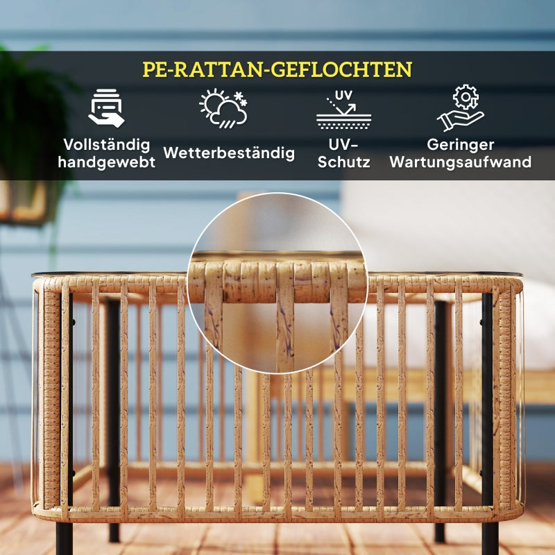 Polyrattan Garden Table, Weatherproof Side Table with Glass Top, Natural Wood