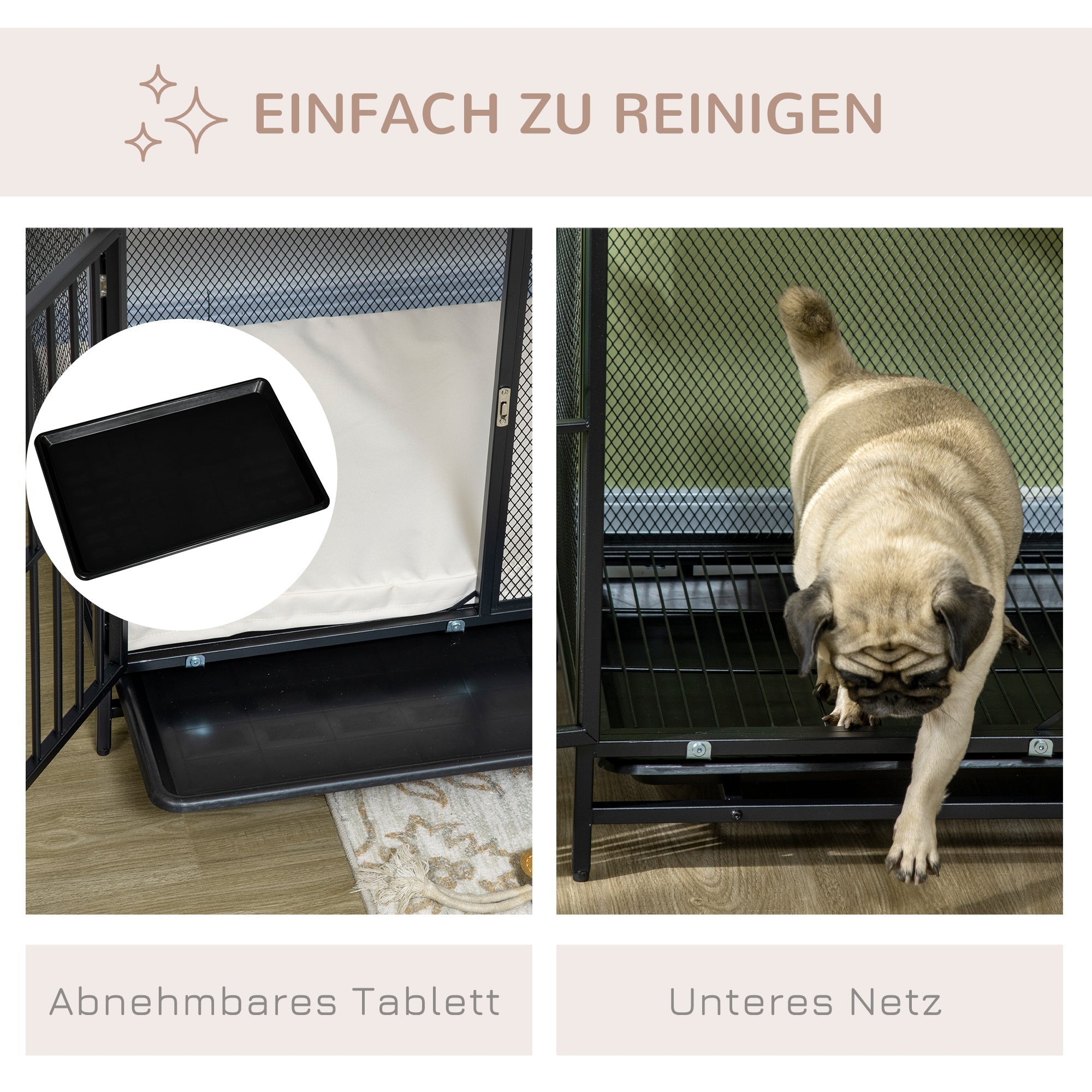 Dog Cage, Kennel with Cushion & Tray, Oak+Black