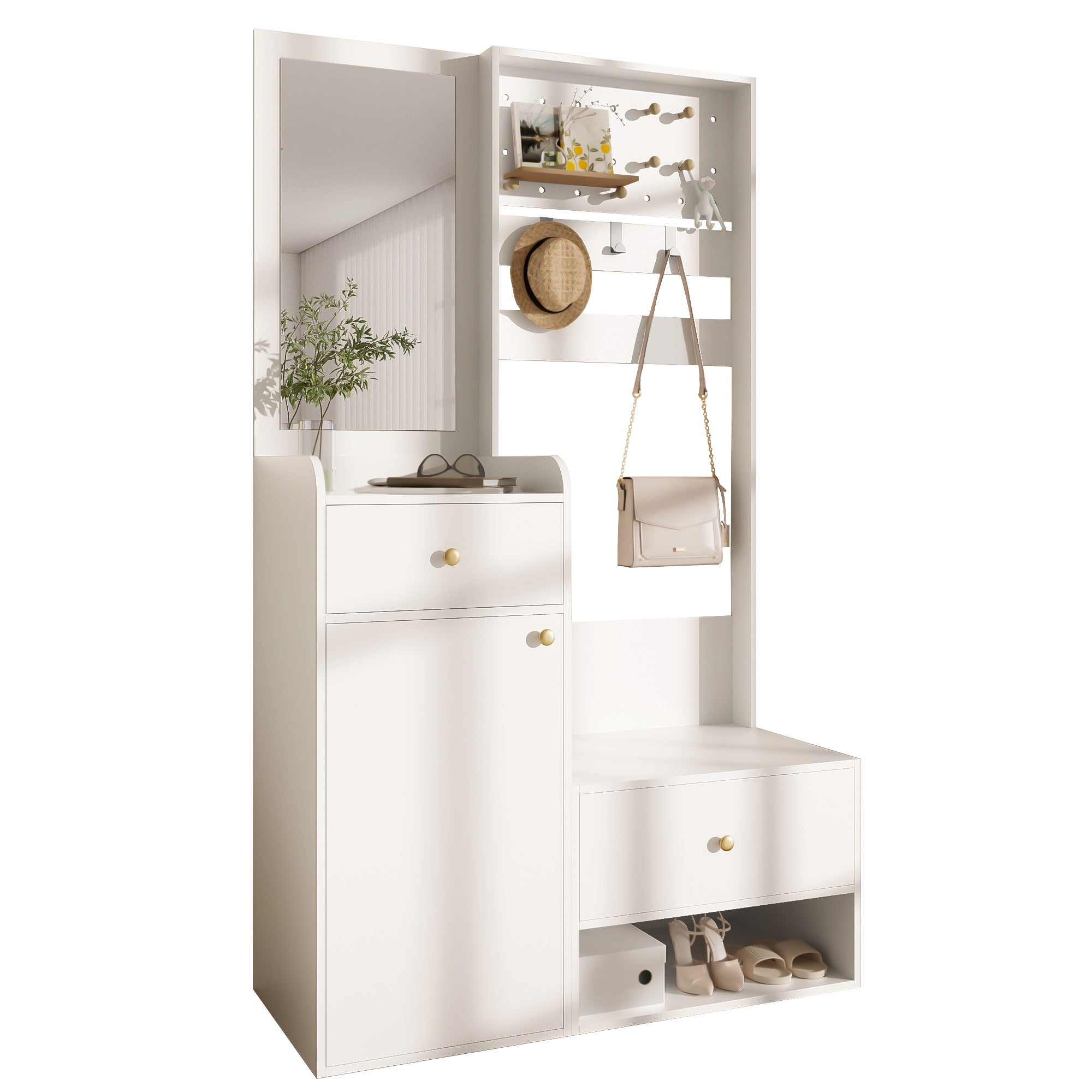 Compact Wardrobe, Entryway Shelf with Mirror, Adjustable Hooks, Shelves, 105 cm, White