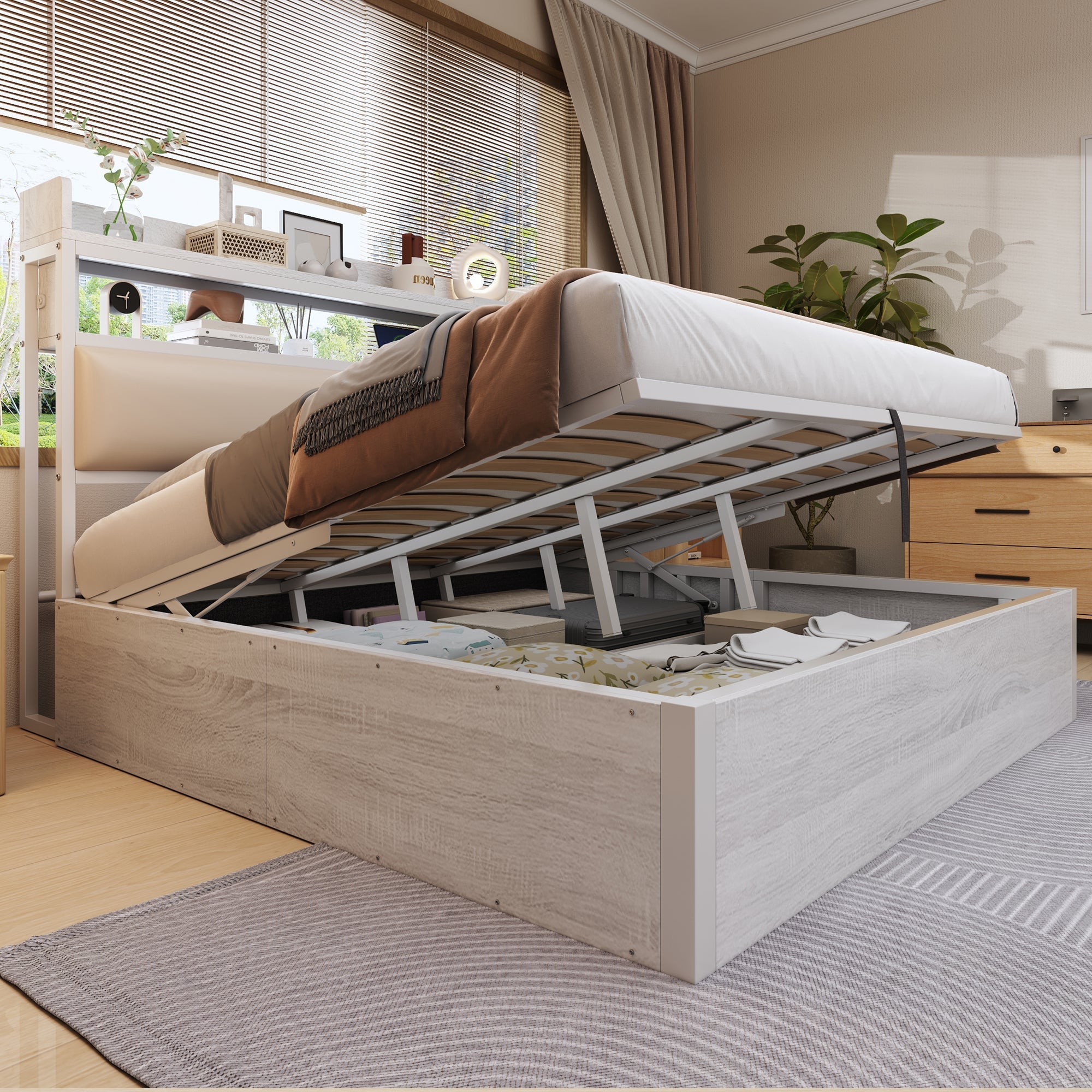 Bed Frame 180x200, Hydraulic Lift, USB, Upholstered Headboard, Hidden Storage, Wood & Metal, White