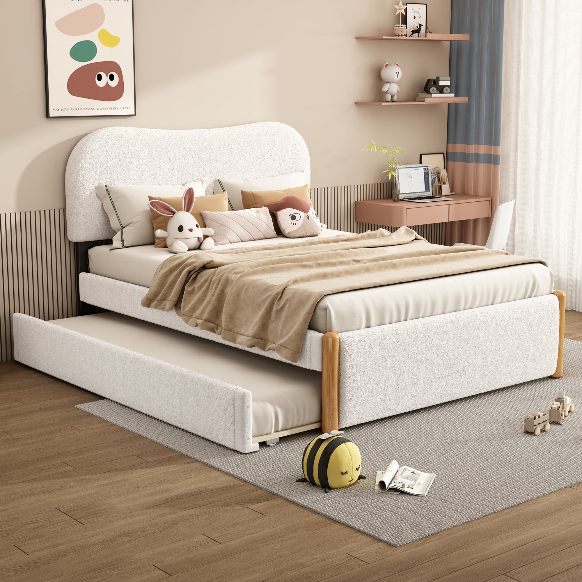 Upholstered Bed 140x200cm Pull-out Rollaway Bed - White