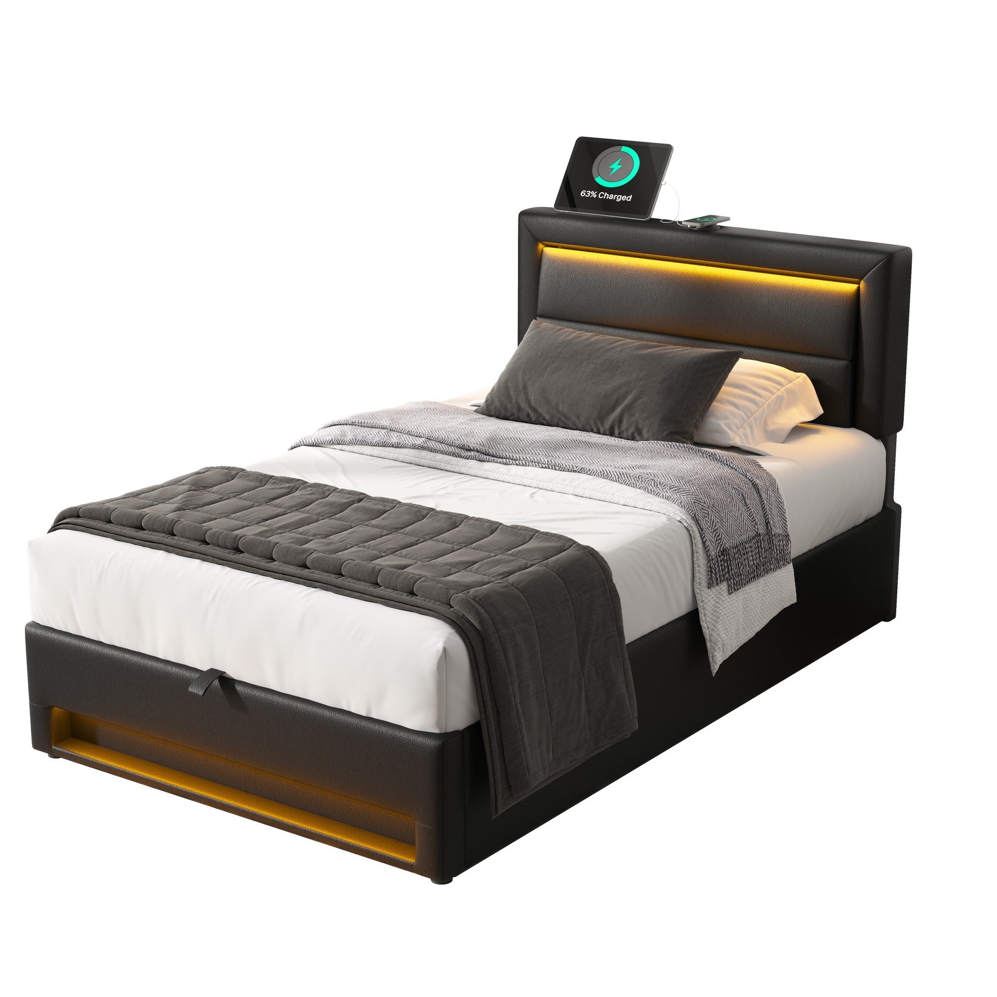 Upholstered Bed 90 x 190 cm with USB Charging, LED Lighting and Storage, Black PU Leather