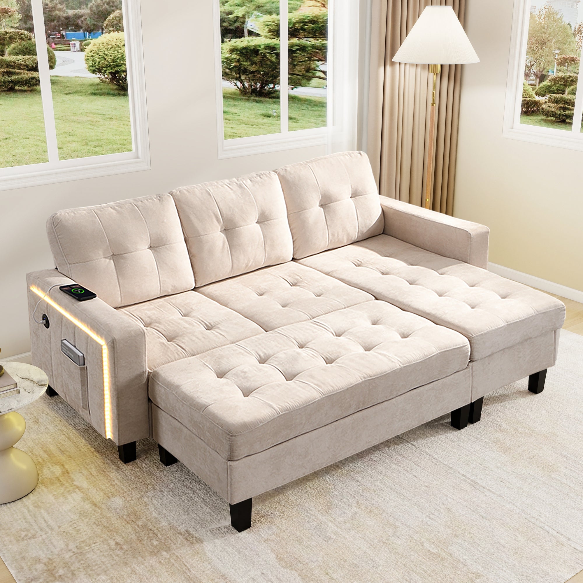 Multifunctional L-shaped Sofa Set with LED Lighting and Footstool, Modular Design