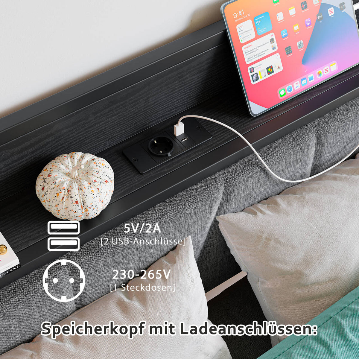 Bed Frame 140x200cm LED Headboard USB Charging - Metal Slats