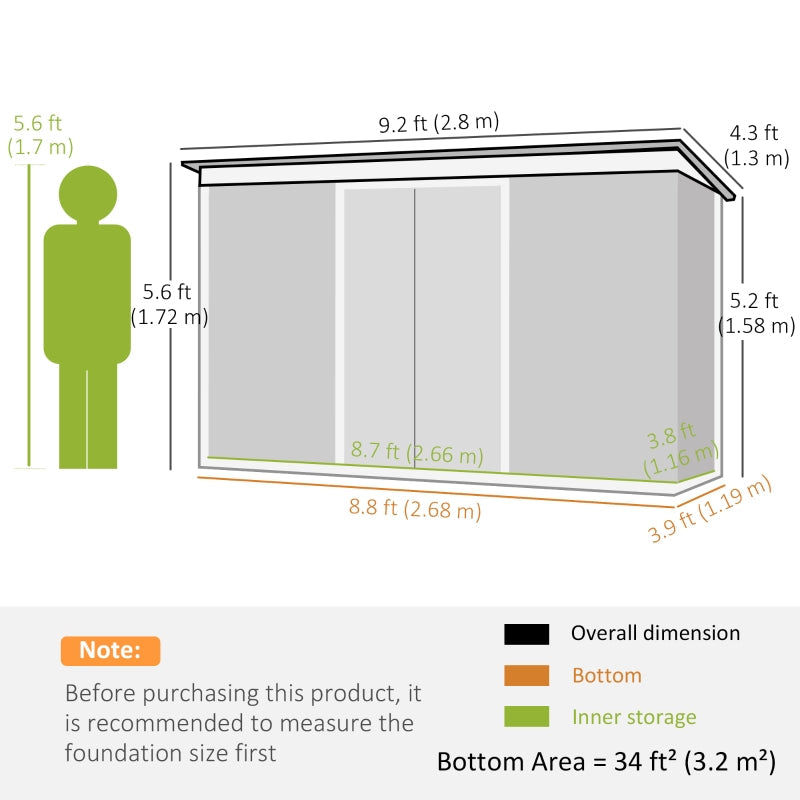 9ft x 4ft Garden Shed with Foundation Kit, Vents, and Double Doors, Dark Grey Metal