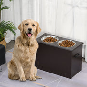 Dog Food Bowl, Elevated Feeder with Storage, 2 Stainless Steel Bowls, Espresso MDF