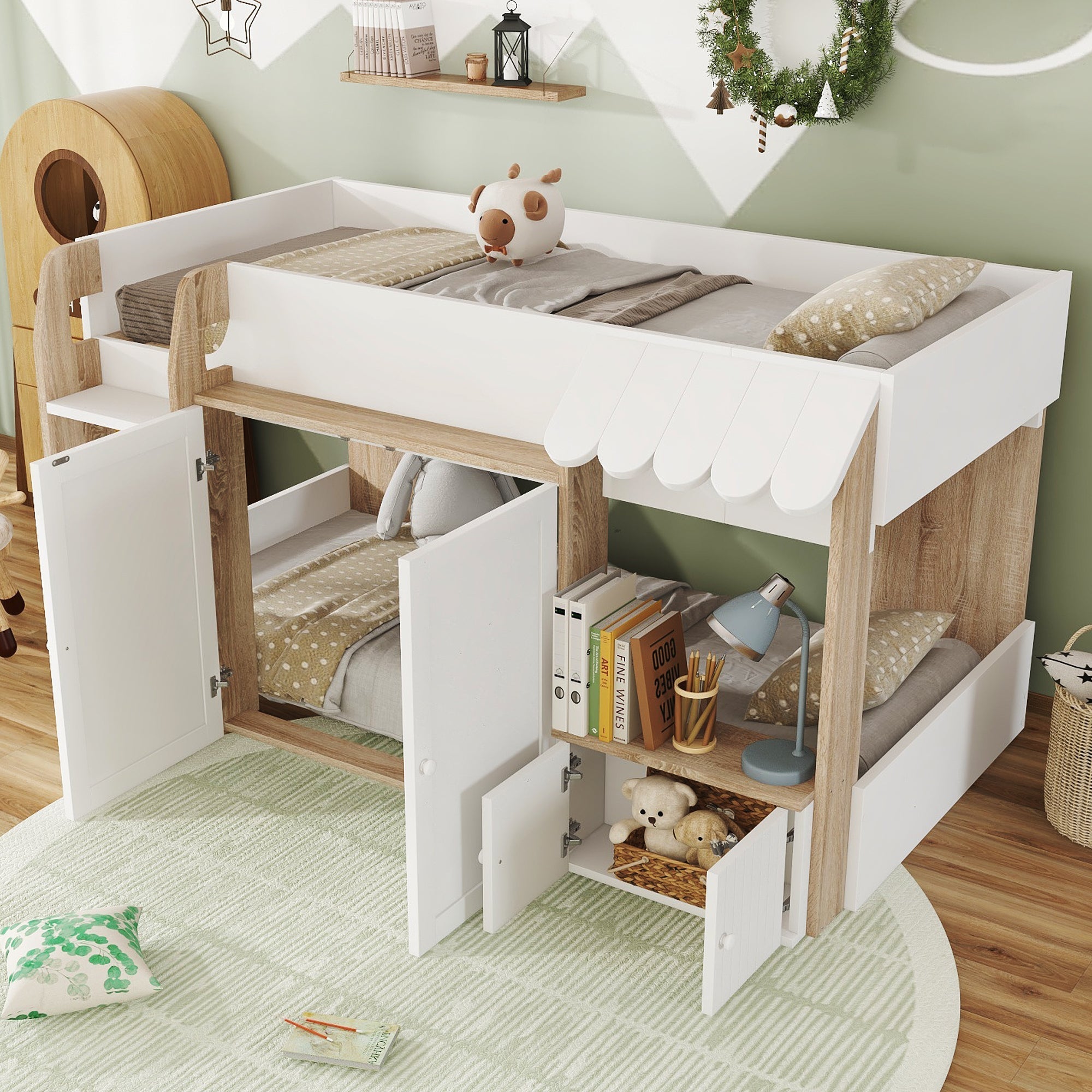 Wooden High Sleeper Bed 3ft Single with Ladder and Storage Cabinets, White Pine + MDF + Plywood