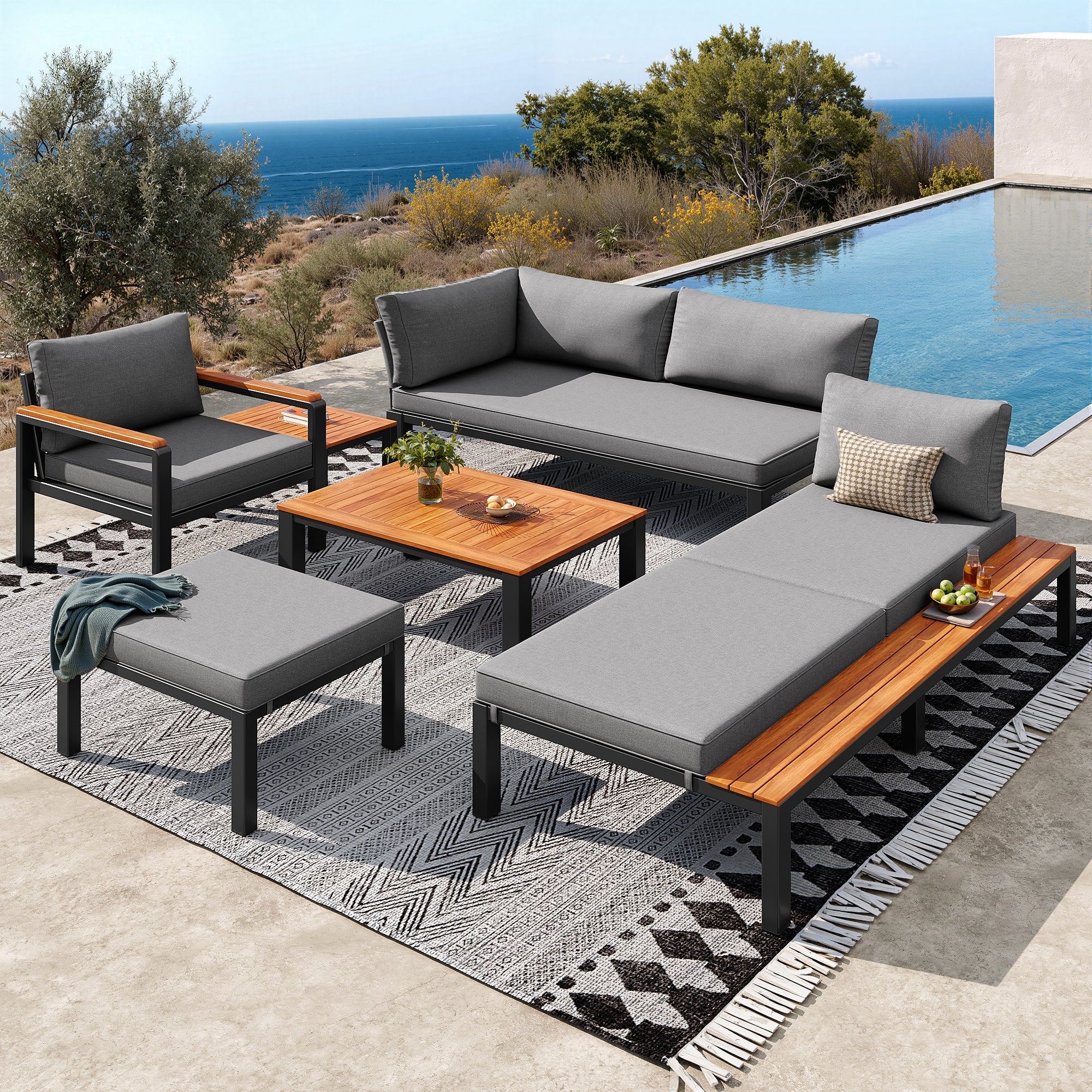Modular Outdoor Seating Set with Metal Frame and Wooden Tables, Grey