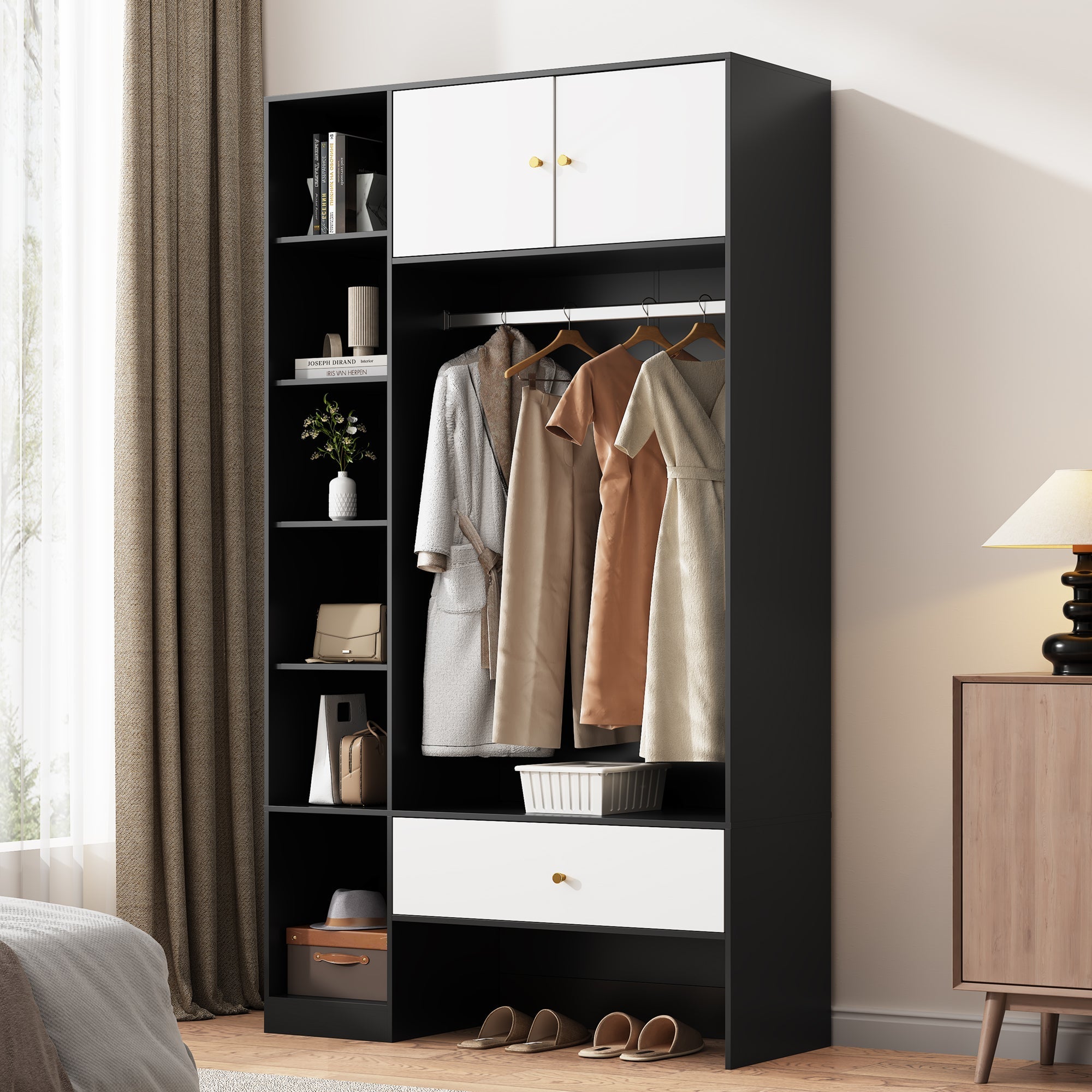 Compact Wardrobe Set 2 Doors 6 Compartments Clothes Rail Drawer Black and White