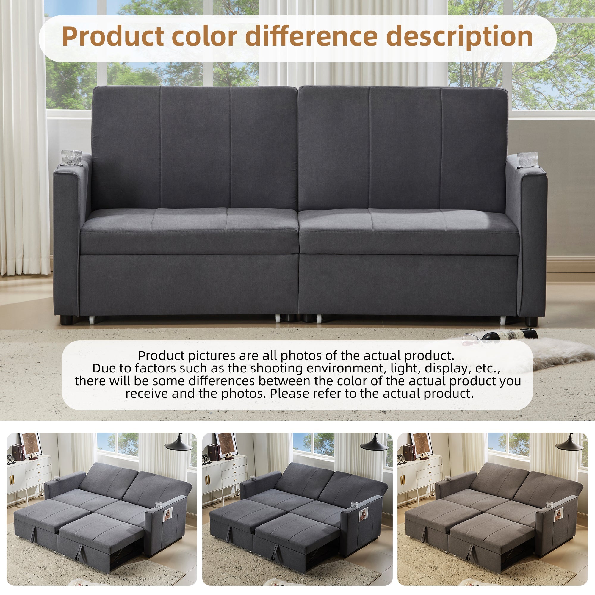 Pull Out Sofa Bed - 207cm King Size, Convertible, with Cup Holders & Side Pockets, Fabric