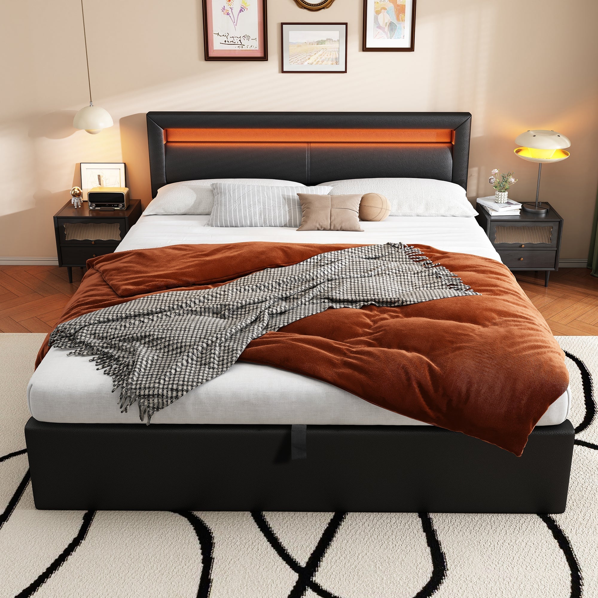 Upholstered Bed 140x190cm LED Storage Slatted Frame Multi-Color Headboard - Black Faux Leather