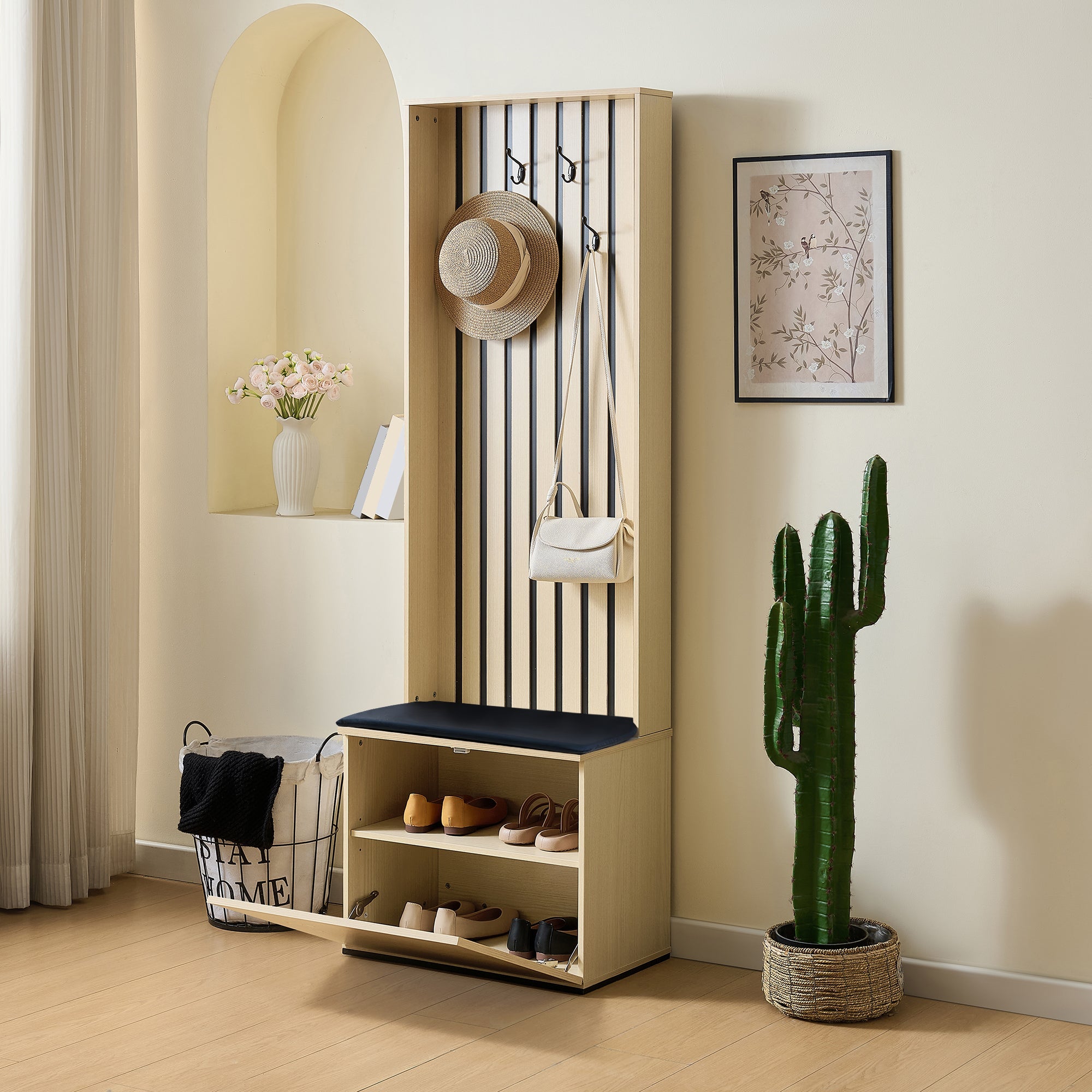 Modern Wardrobe with Bench & Shoe Storage, 4 Hooks, Wood/MDF