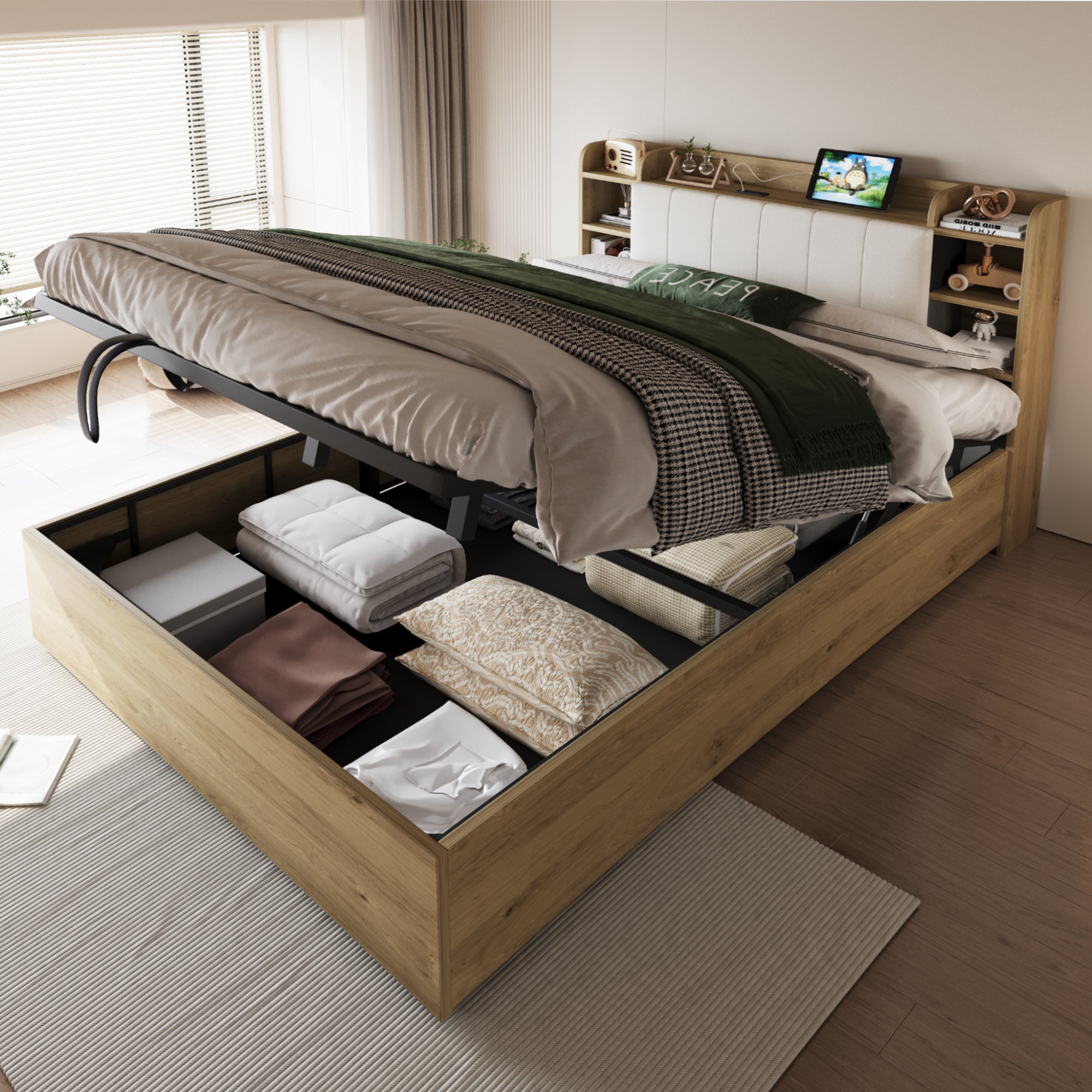 Hydraulic Wooden Bed with Storage Headboard, USB and Type-C Port, 180x200cm, Wood Color