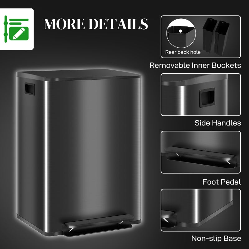 60L Dual Compartment Bin with Deodoriser Holders, Stainless Steel Black