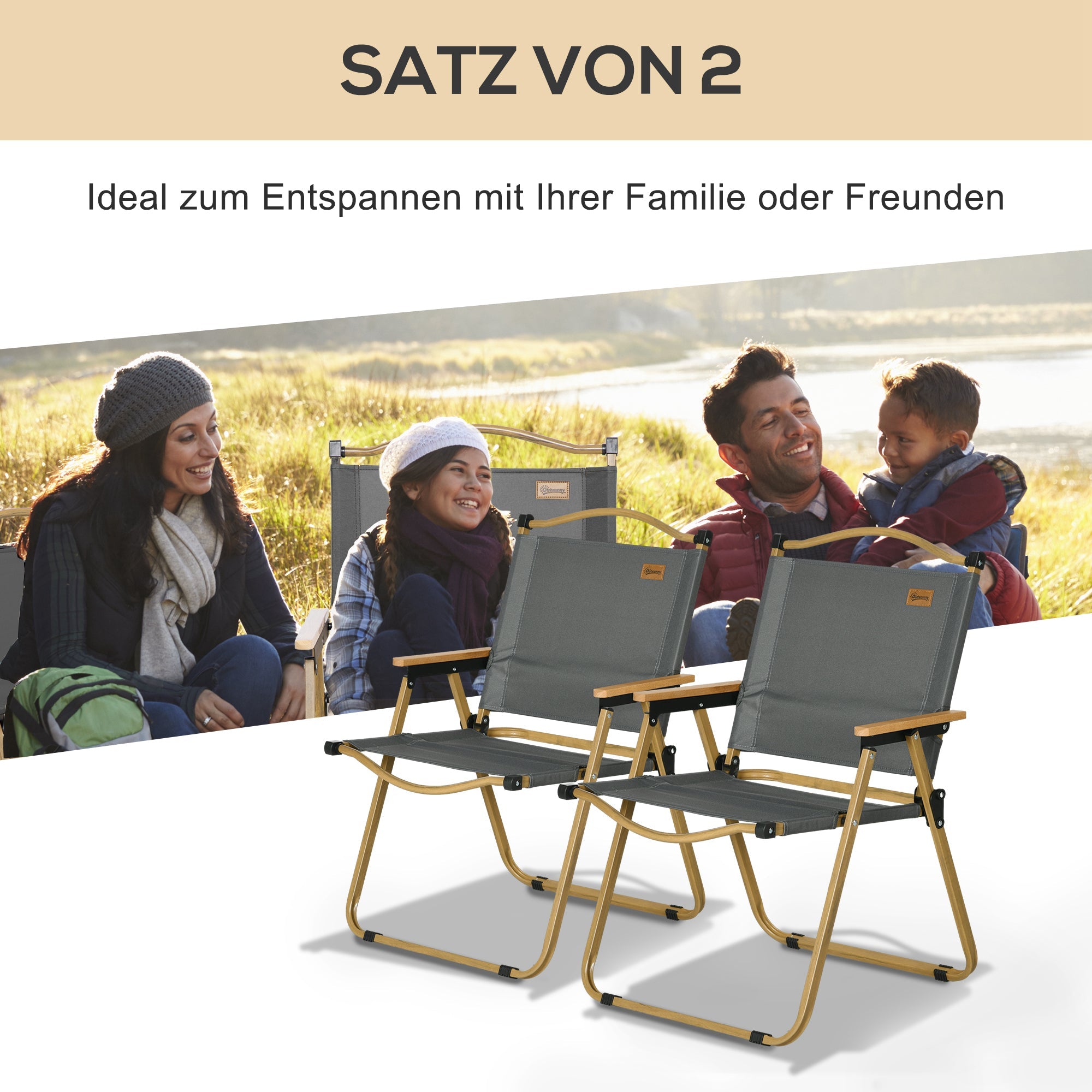 Camping Chair Set of 2, Foldable Garden/Pool/Beach, Steel/Oxford, Dark Grey