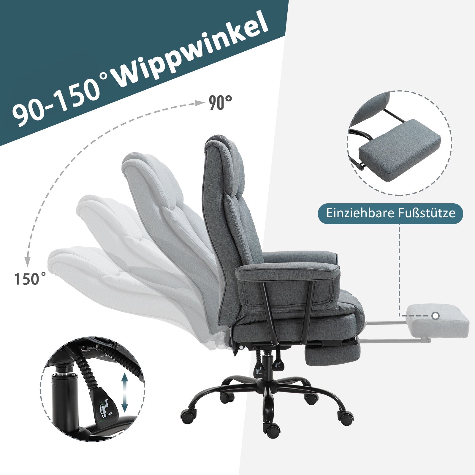 Vinsetto Office Chair, Reclining Ergonomic, Gray
