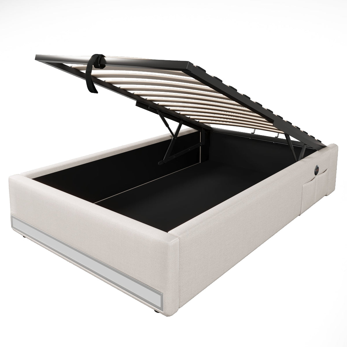 Upholstered Bed 90x200cm Hydraulic Storage LED USB/Type-C Pockets - Beige
